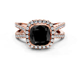 Rose gold Fancy Black Cushion Cut Cut Halo Split Shank Pave Set Ring