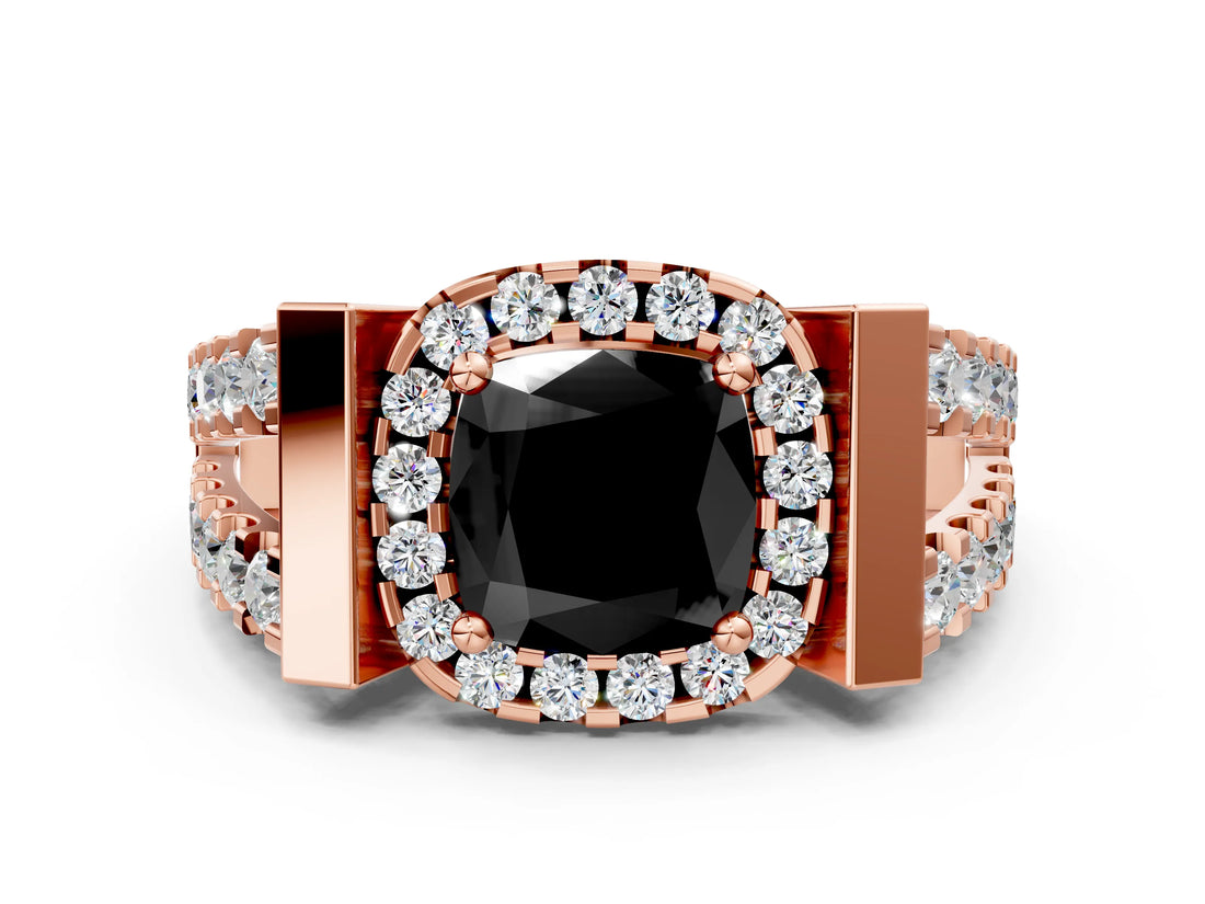 Rose gold Fancy Black Cushion Cut Cut Halo Split Shank Prong Set Ring