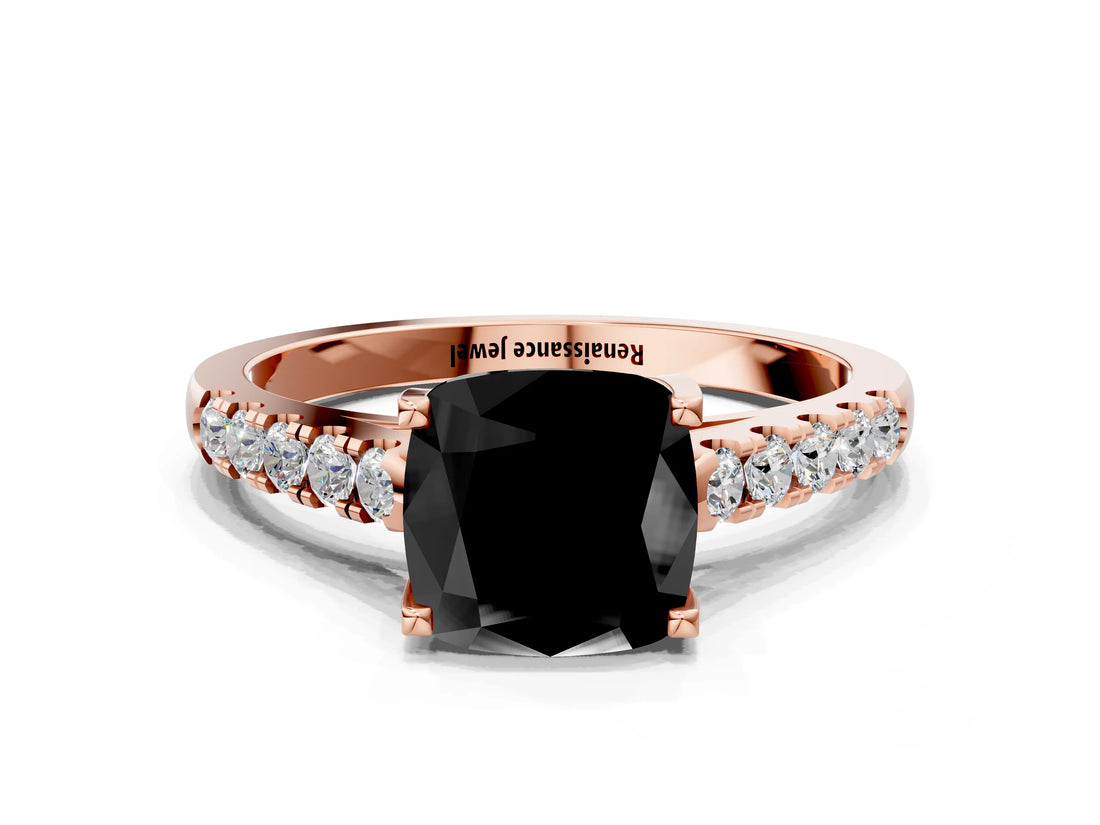 Rose gold Fancy Black Cushion Cut Cut Pavé Band Solitaire Ring with Four-Prong Setting