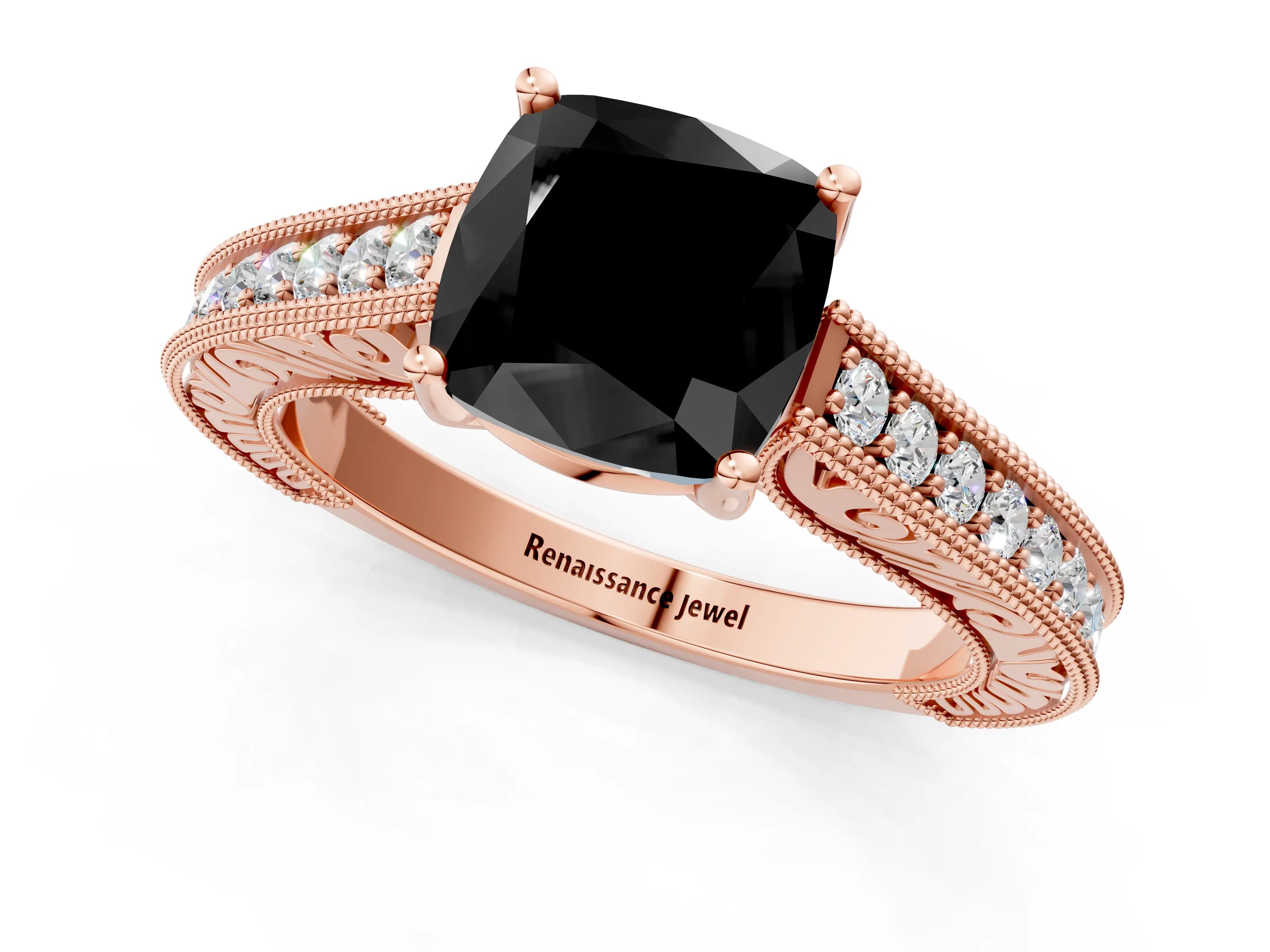 Rose gold Fancy Black Cushion Cut Cut Pave Band Milgrain Solitaire Ring_1
