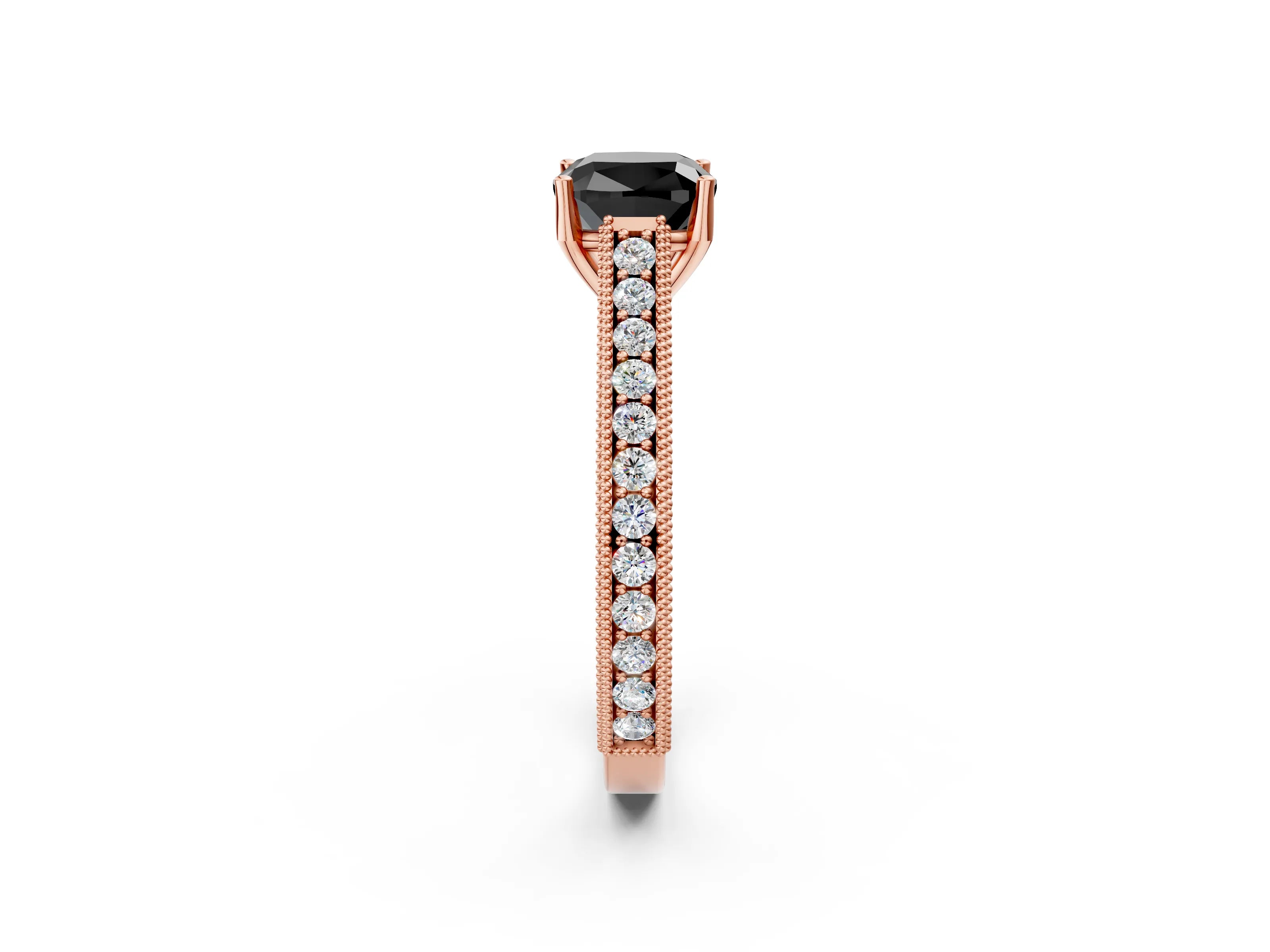 Rose gold Fancy Black Cushion Cut Cut Pave Band Milgrain Solitaire Ring_2