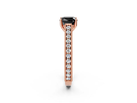 Rose gold Fancy Black Cushion Cut Cut Pave Band Milgrain Solitaire Ring_2