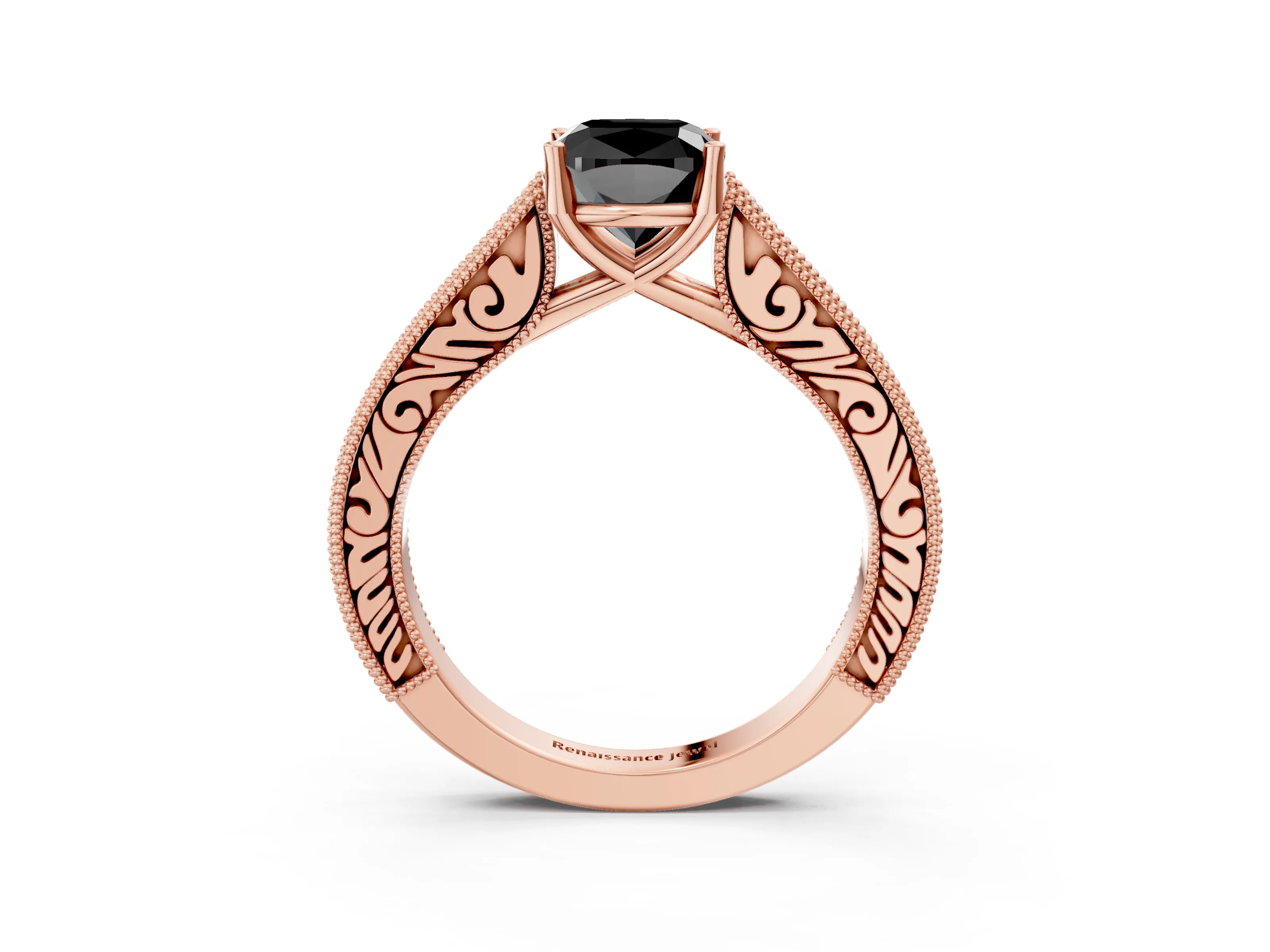 Rose gold Fancy Black Cushion Cut Cut Pave Band Milgrain Solitaire Ring_3