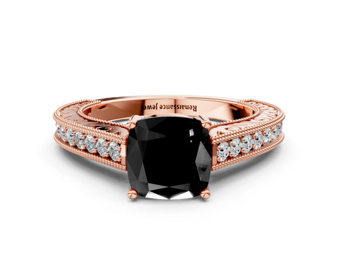 Rose gold Fancy Black Cushion Cut Cut Pave Band Milgrain Solitaire Ring