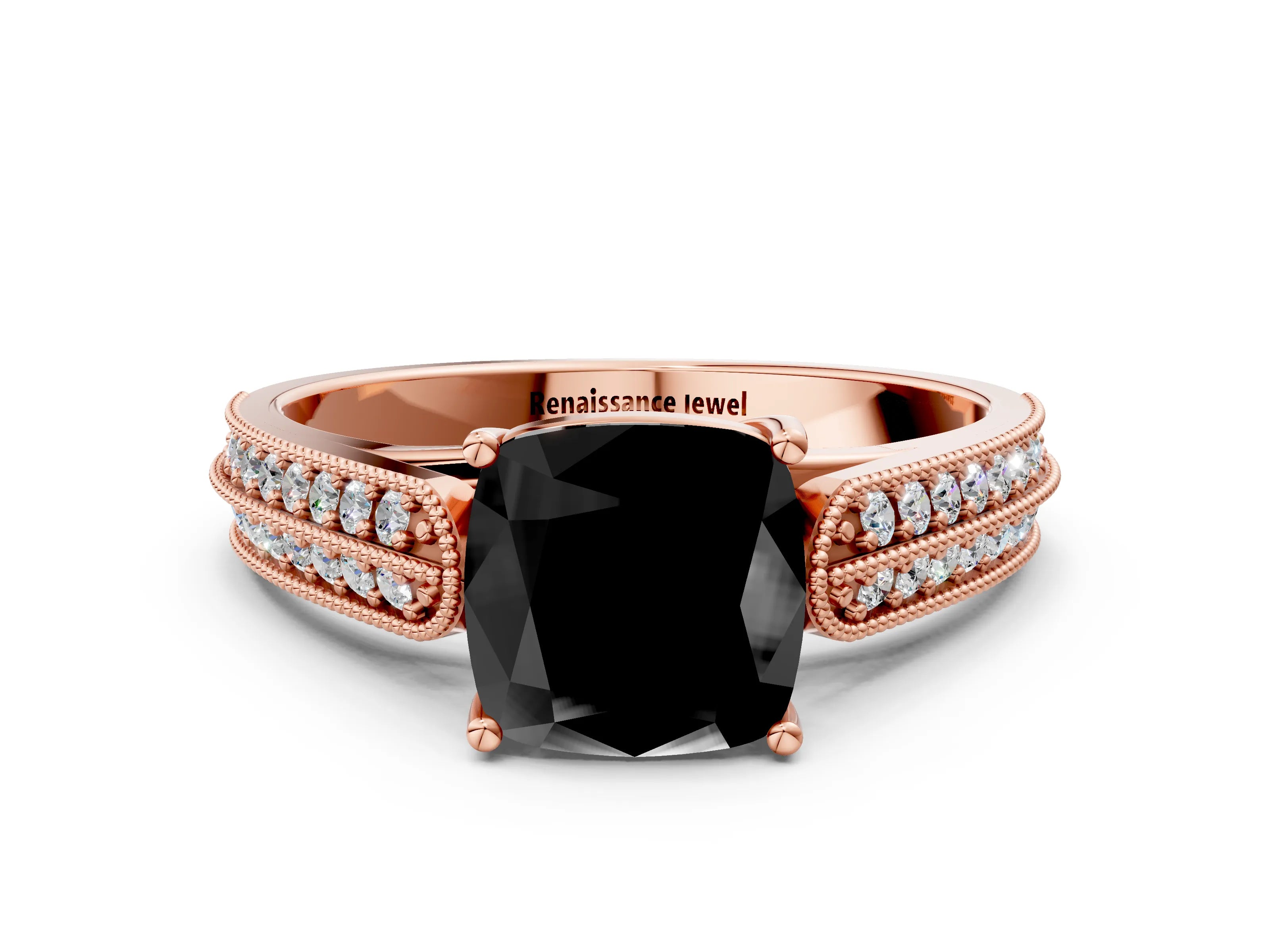 Rose gold Fancy Black Cushion Cut Cut Pave Split Shank Engagement Ring with Four-Prong Setting