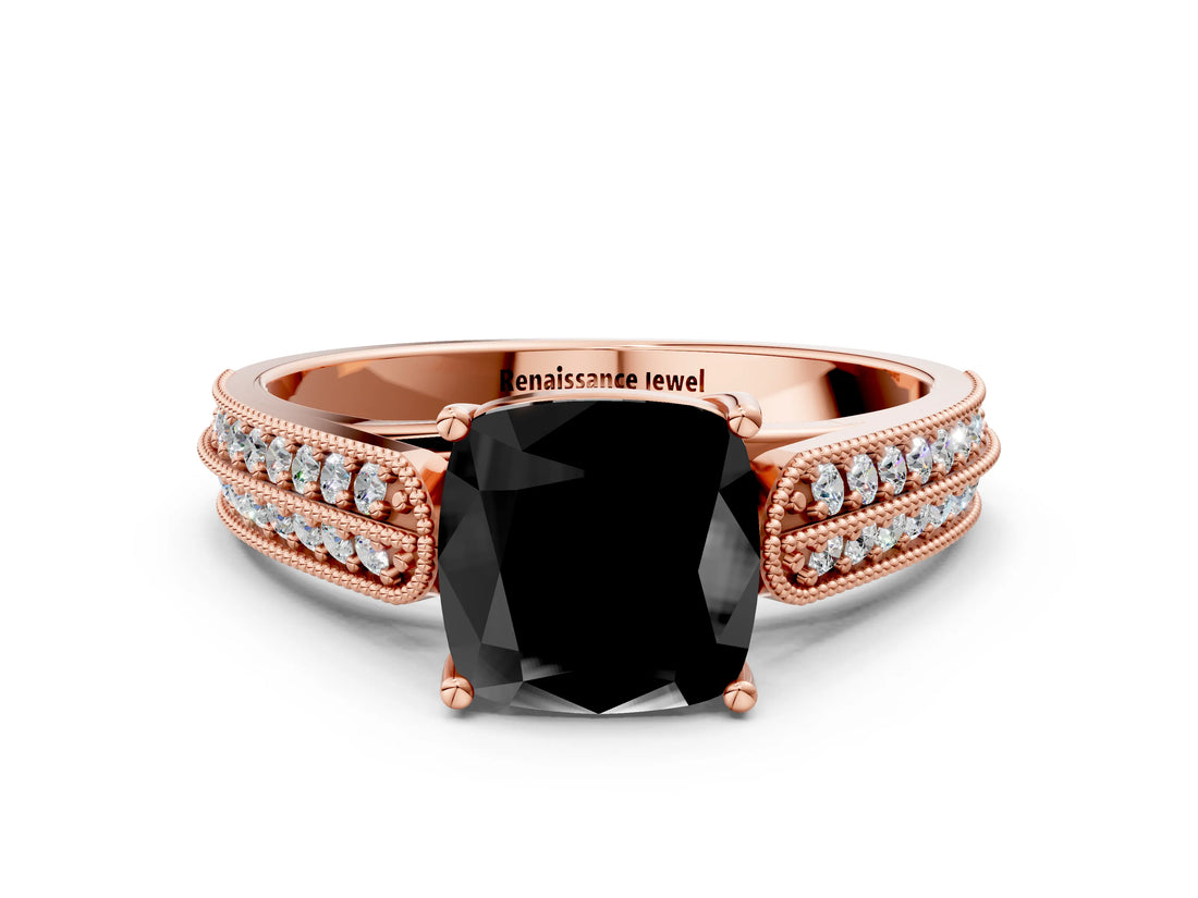 Rose gold Fancy Black Cushion Cut Cut Pave Split Shank Engagement Ring with Four-Prong Setting