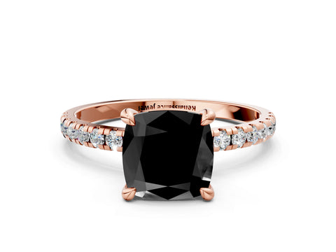 Rose gold Fancy Black Cushion Cut Diamond Brilliant Solitaire Ring with Pavé Band and Four-Prong Setting