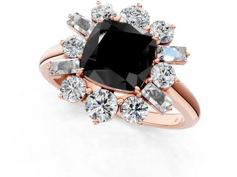 Rose gold Fancy Black Cushion Cut Diamond Cluster Ring with Round and Baguette Stones, Split Shank Band, Prong Setting_1