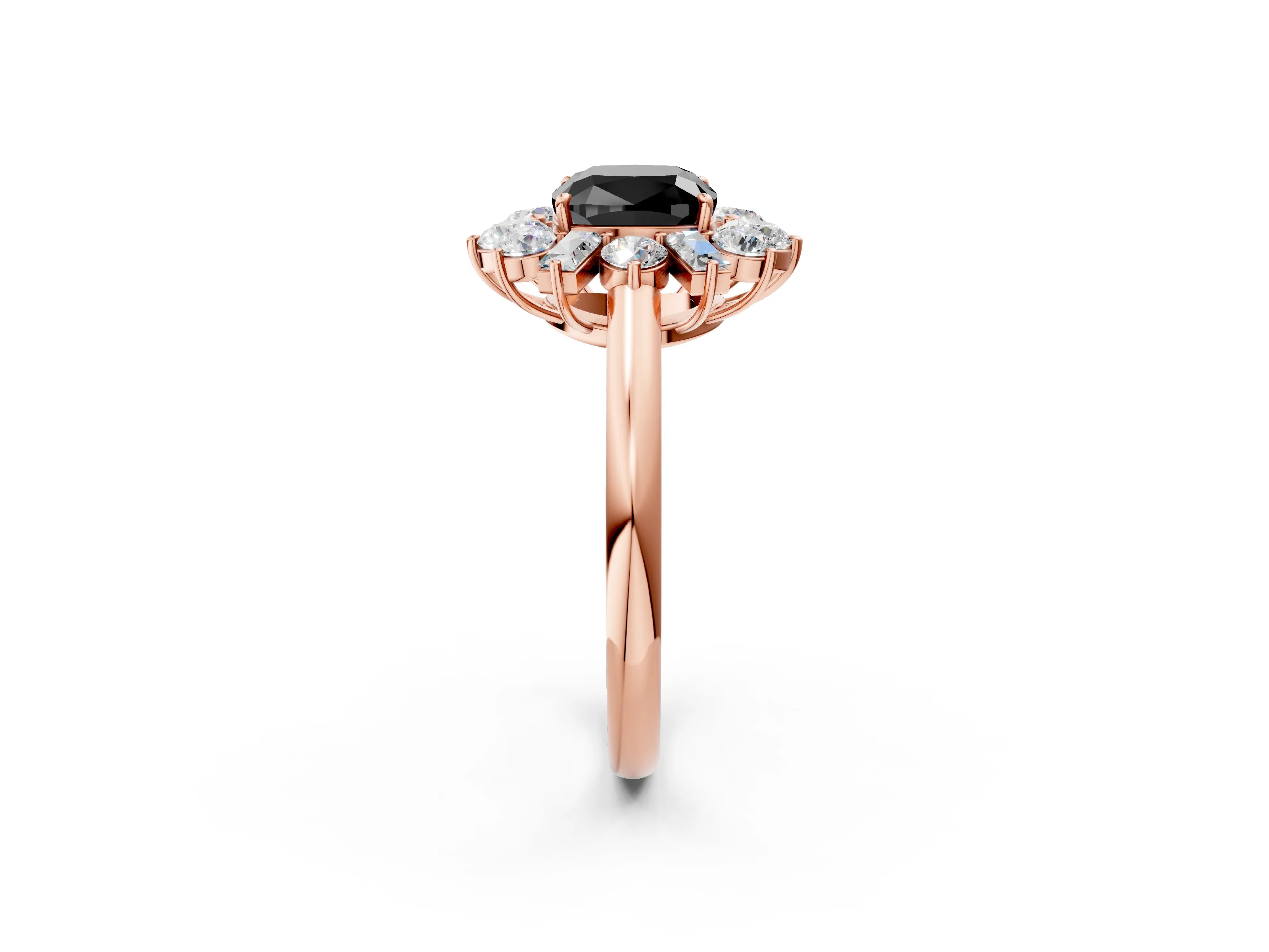 Rose gold Fancy Black Cushion Cut Diamond Cluster Ring with Round and Baguette Stones, Split Shank Band, Prong Setting_2