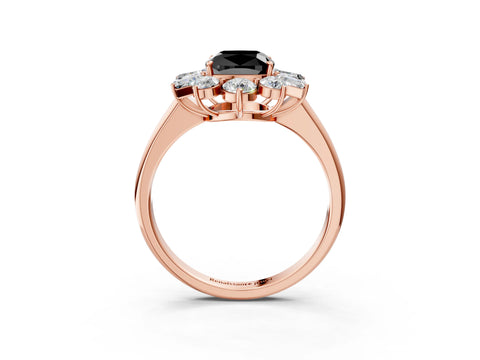 Rose gold Fancy Black Cushion Cut Diamond Cluster Ring with Round and Baguette Stones, Split Shank Band, Prong Setting_3