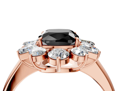 Rose gold Fancy Black Cushion Cut Diamond Cluster Ring with Round and Baguette Stones, Split Shank Band, Prong Setting_4