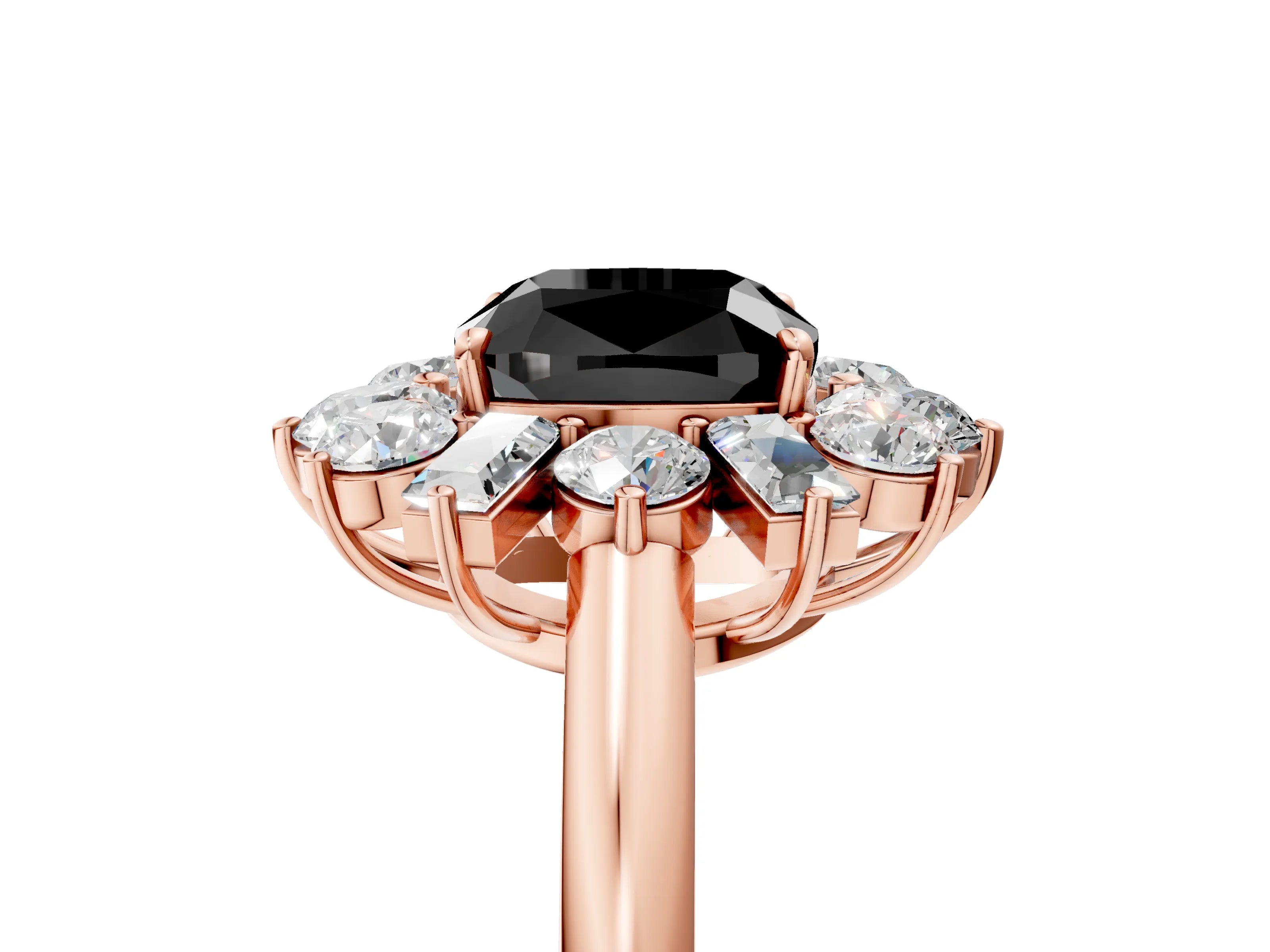 Rose gold Fancy Black Cushion Cut Diamond Cluster Ring with Round and Baguette Stones, Split Shank Band, Prong Setting_5