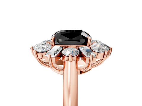 Rose gold Fancy Black Cushion Cut Diamond Cluster Ring with Round and Baguette Stones, Split Shank Band, Prong Setting_5