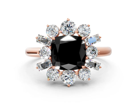 Rose gold Fancy Black Cushion Cut Diamond Cluster Ring with Round and Baguette Stones, Split Shank Band, Prong Setting