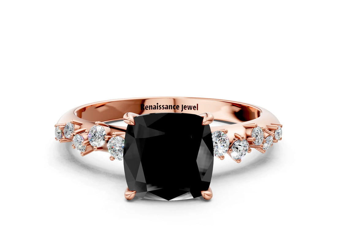 Rose gold Fancy Black Cushion Cut Diamond Cluster Side Stone Solitaire Ring with Prong Setting_24