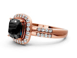 Rose gold Fancy Black Cushion Cut Diamond Double Halo Ring with Split Shank and Four-Prong Setting