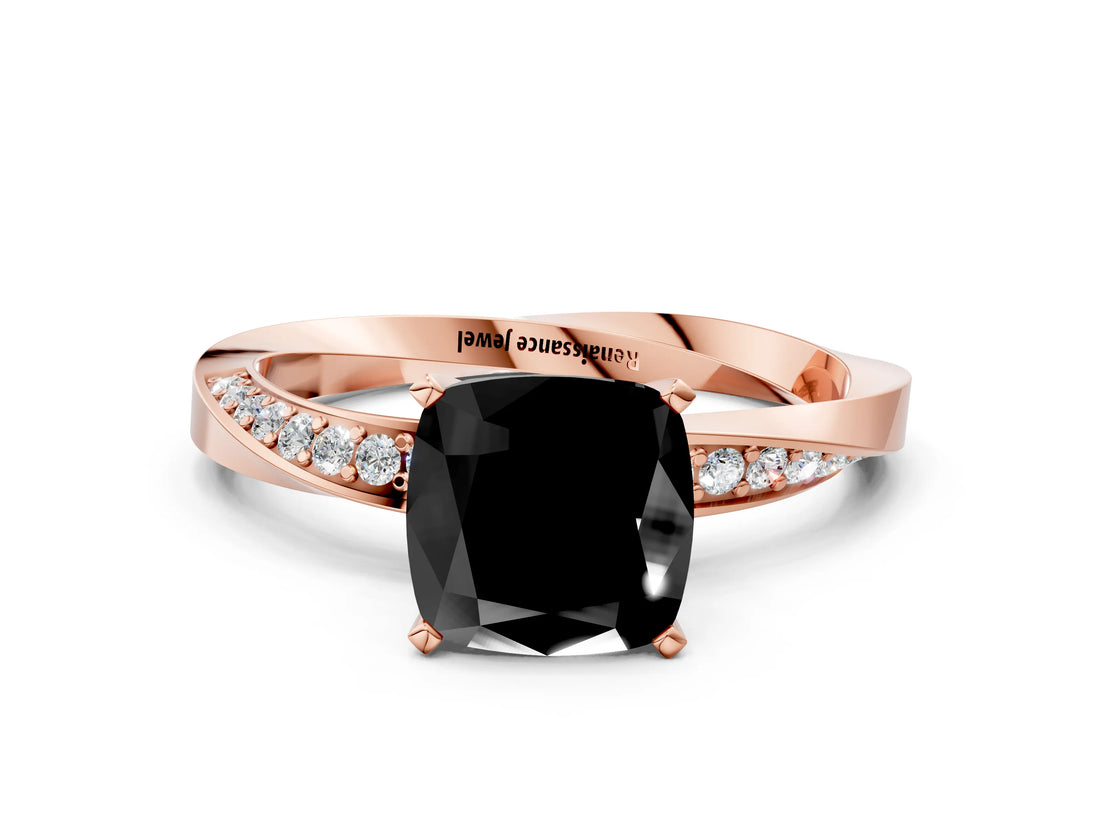 Rose gold Fancy Black Cushion Cut Diamond Engagement Ring with Side Stone Accents and Four-Prong Setting_12