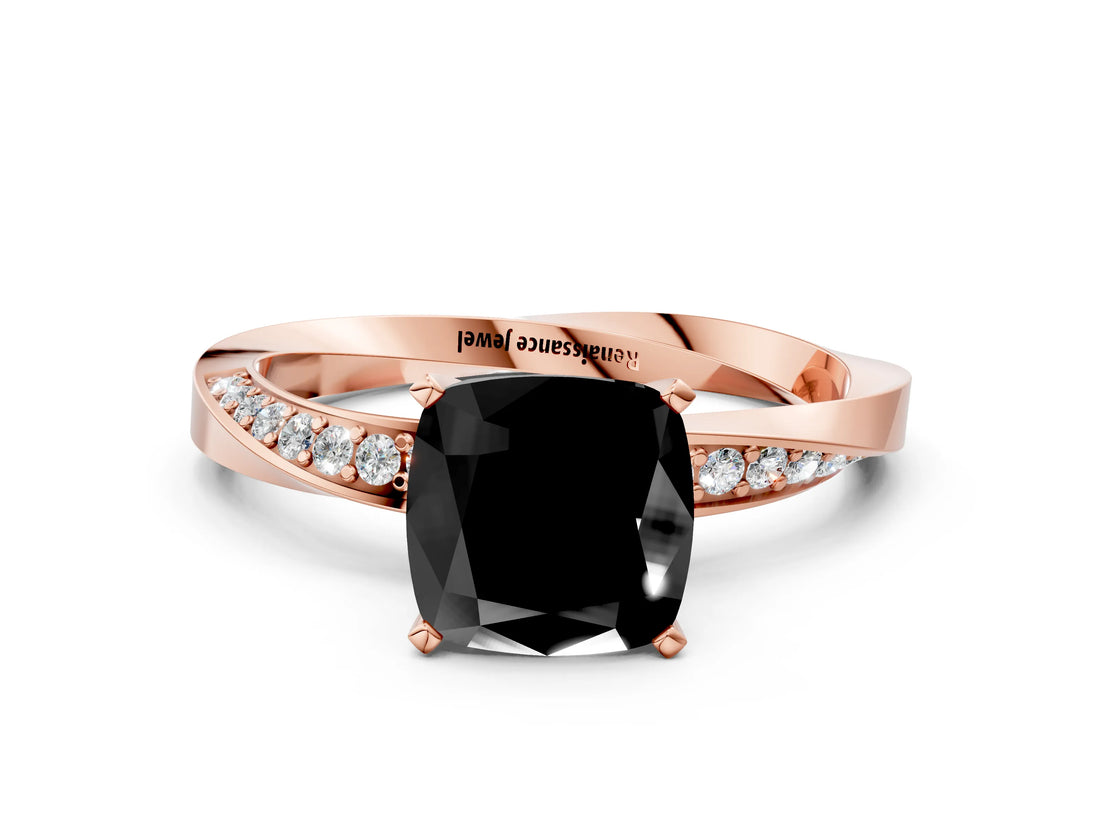 Rose gold Fancy Black Cushion Cut Diamond Engagement Ring with Side Stone Accents and Four-Prong Setting_72