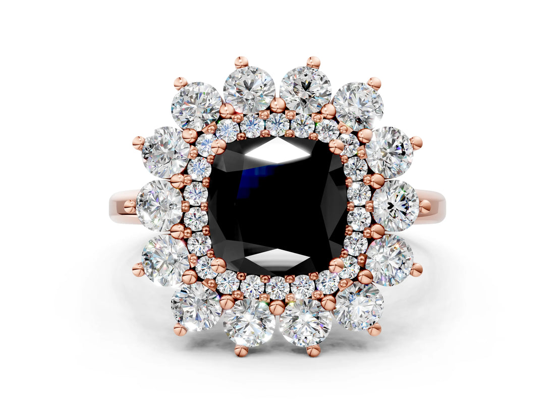 Rose gold Fancy Black Cushion Cut Diamond Floral Double Halo Engagement Ring with Prong Setting_24