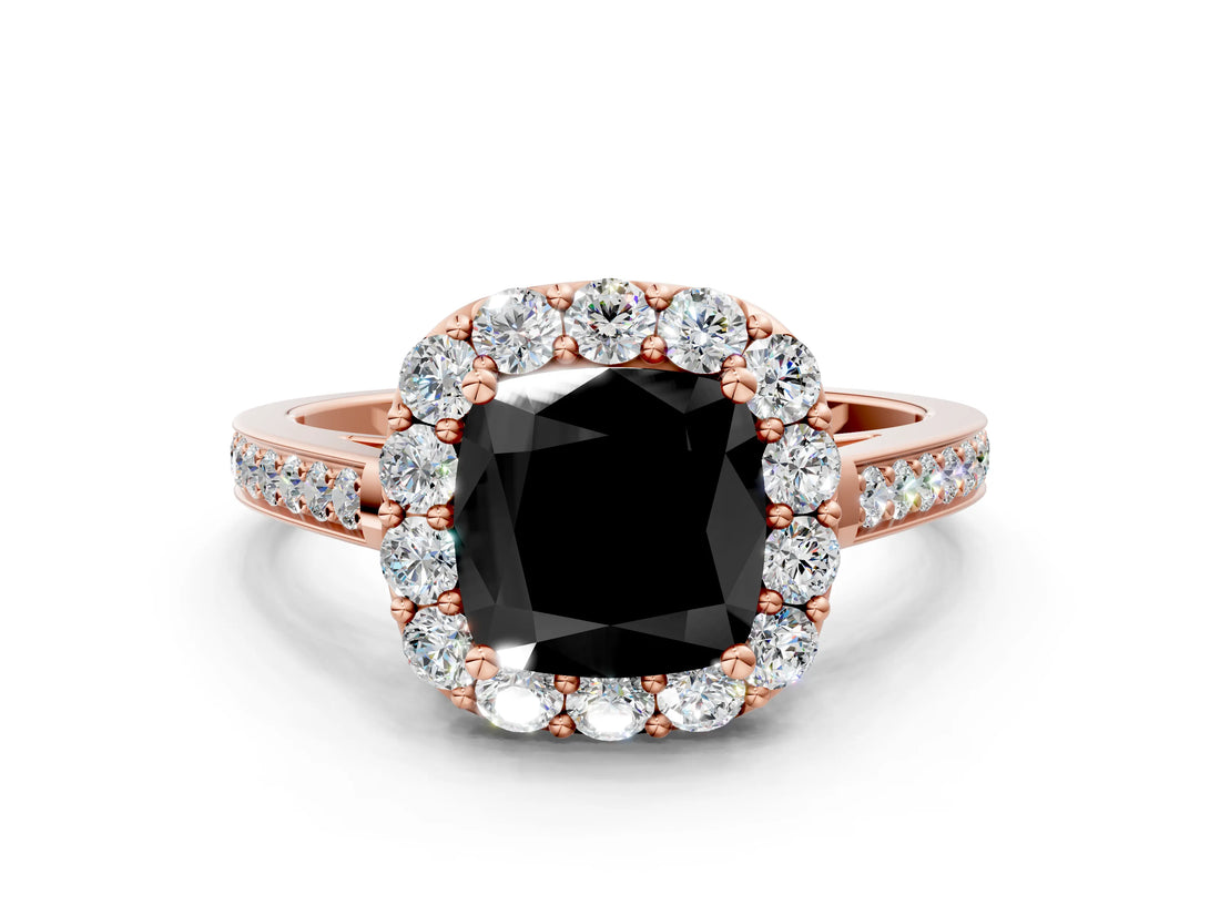 Rose gold Fancy Black Cushion Cut Diamond Floral Halo Ring with Pavé Band and Prong Setting_3