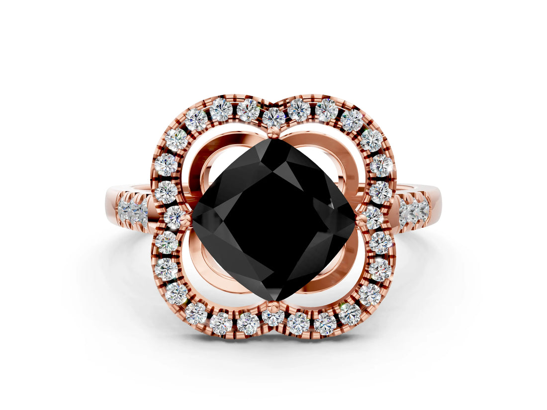 Rose gold Fancy Black Cushion Cut Diamond Floral Halo Split Shank Prong Setting Ring_12