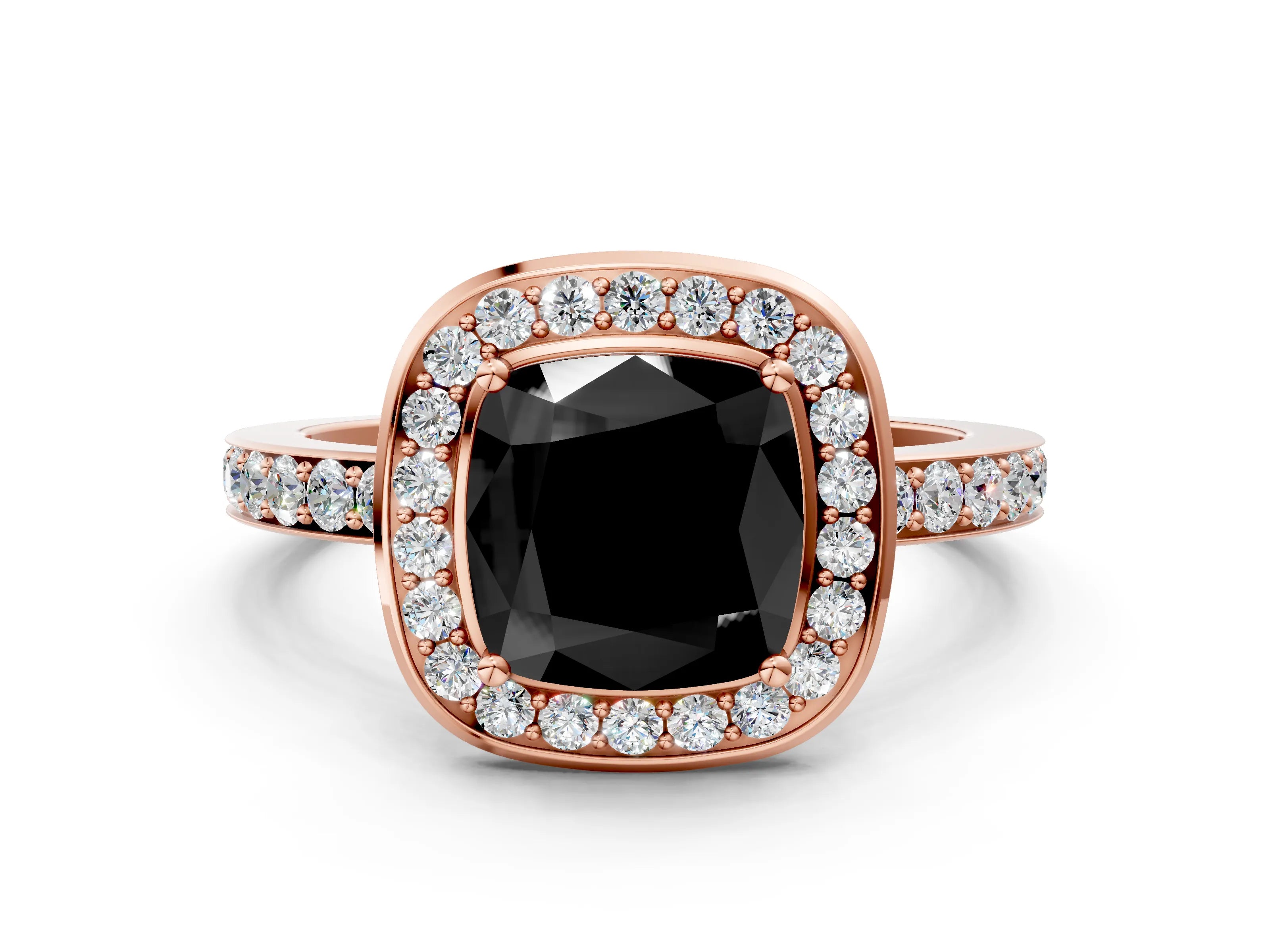 Rose gold Fancy Black Cushion Cut Diamond Halo Ring with Bezel Frame and Pavé Band