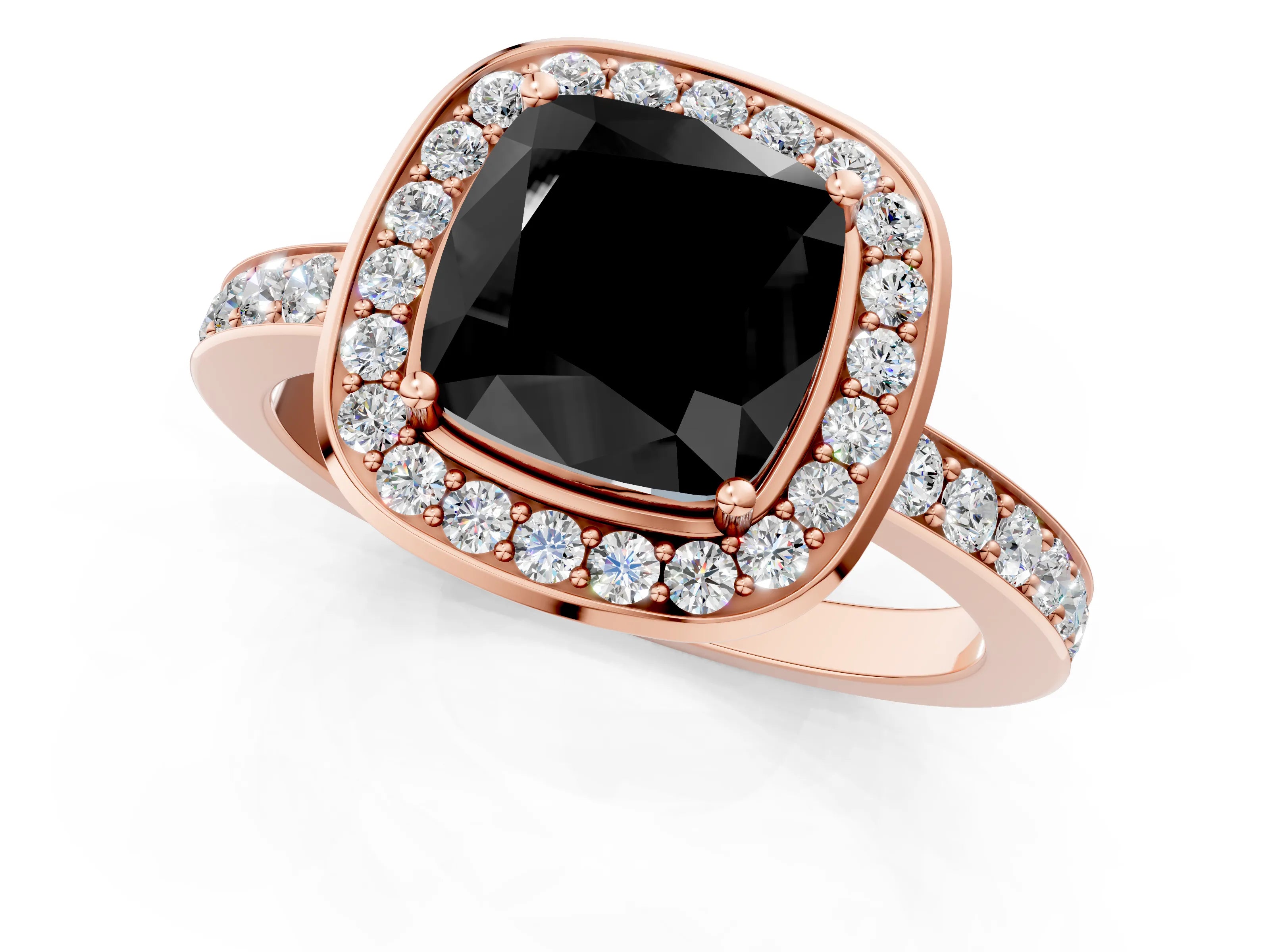 Rose gold Fancy Black Cushion Cut Diamond Halo Ring with Bezel Frame and Pavé Band_1