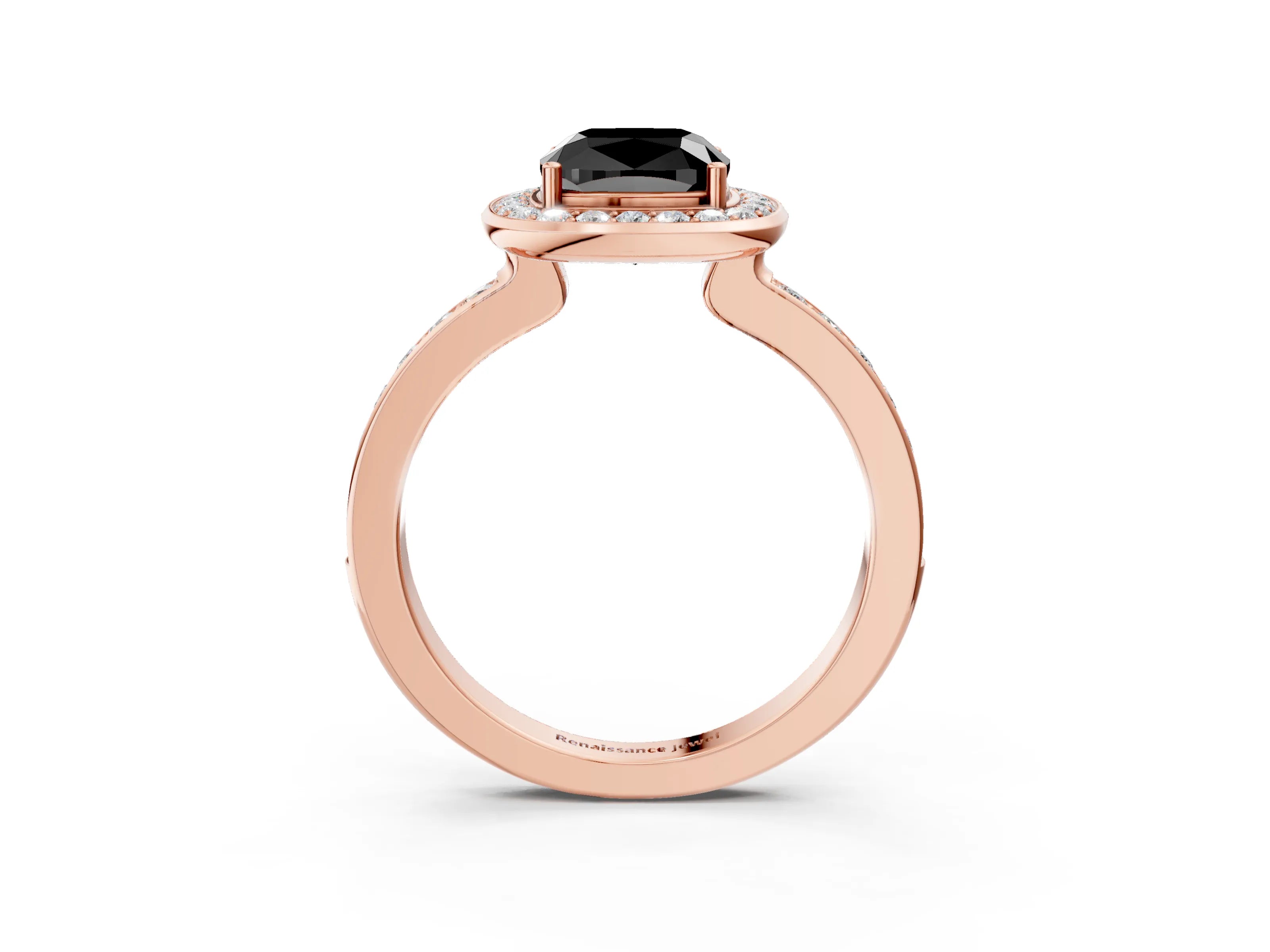 Rose gold Fancy Black Cushion Cut Diamond Halo Ring with Bezel Frame and Pavé Band_3