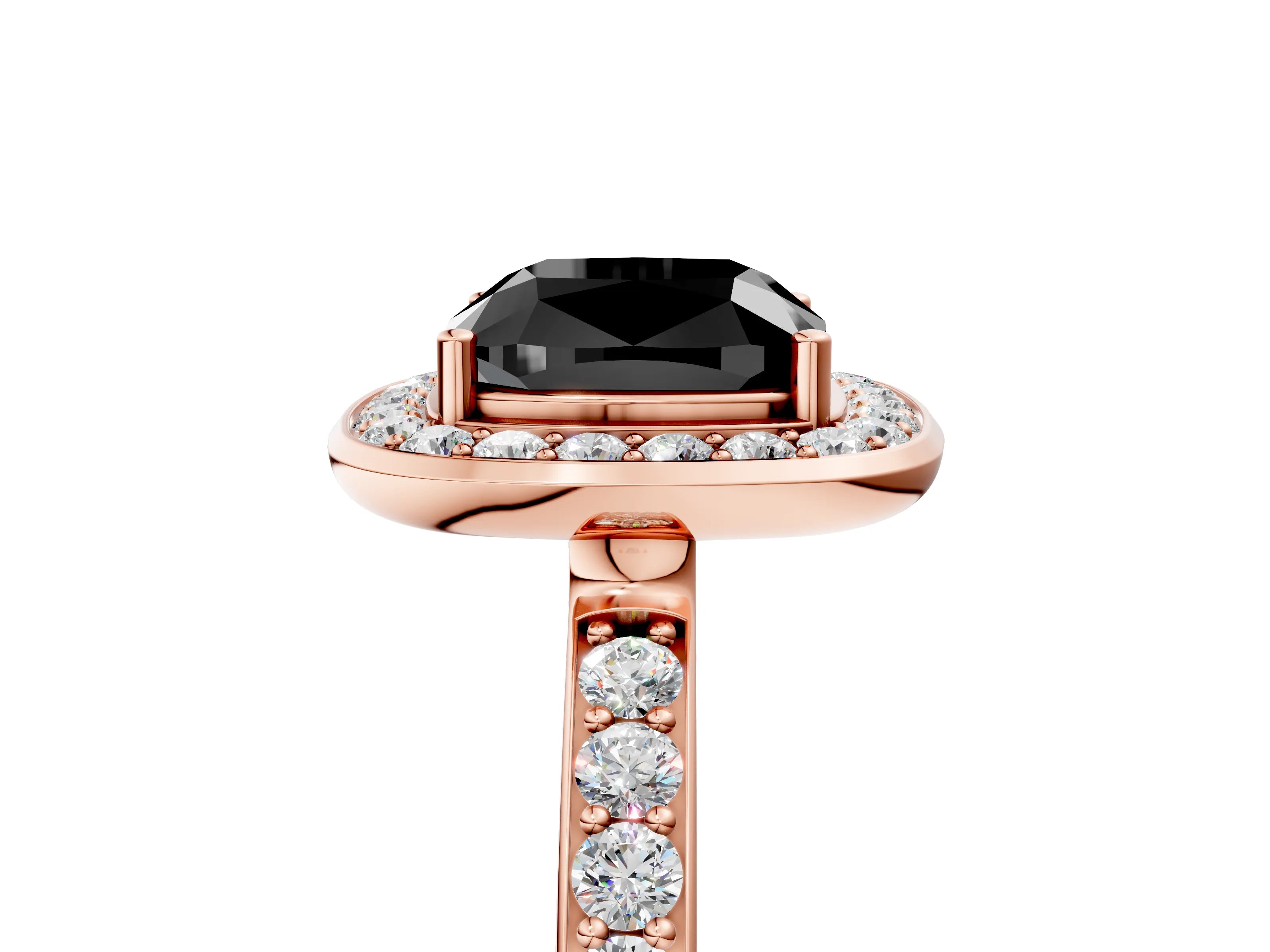 Rose gold Fancy Black Cushion Cut Diamond Halo Ring with Bezel Frame and Pavé Band_5