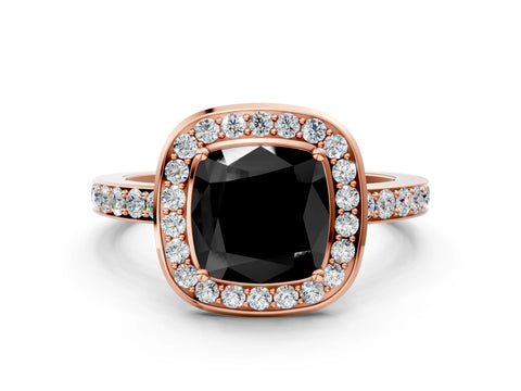 Rose gold Fancy Black Cushion Cut Diamond Halo Ring with Bezel Frame and Pavé Band