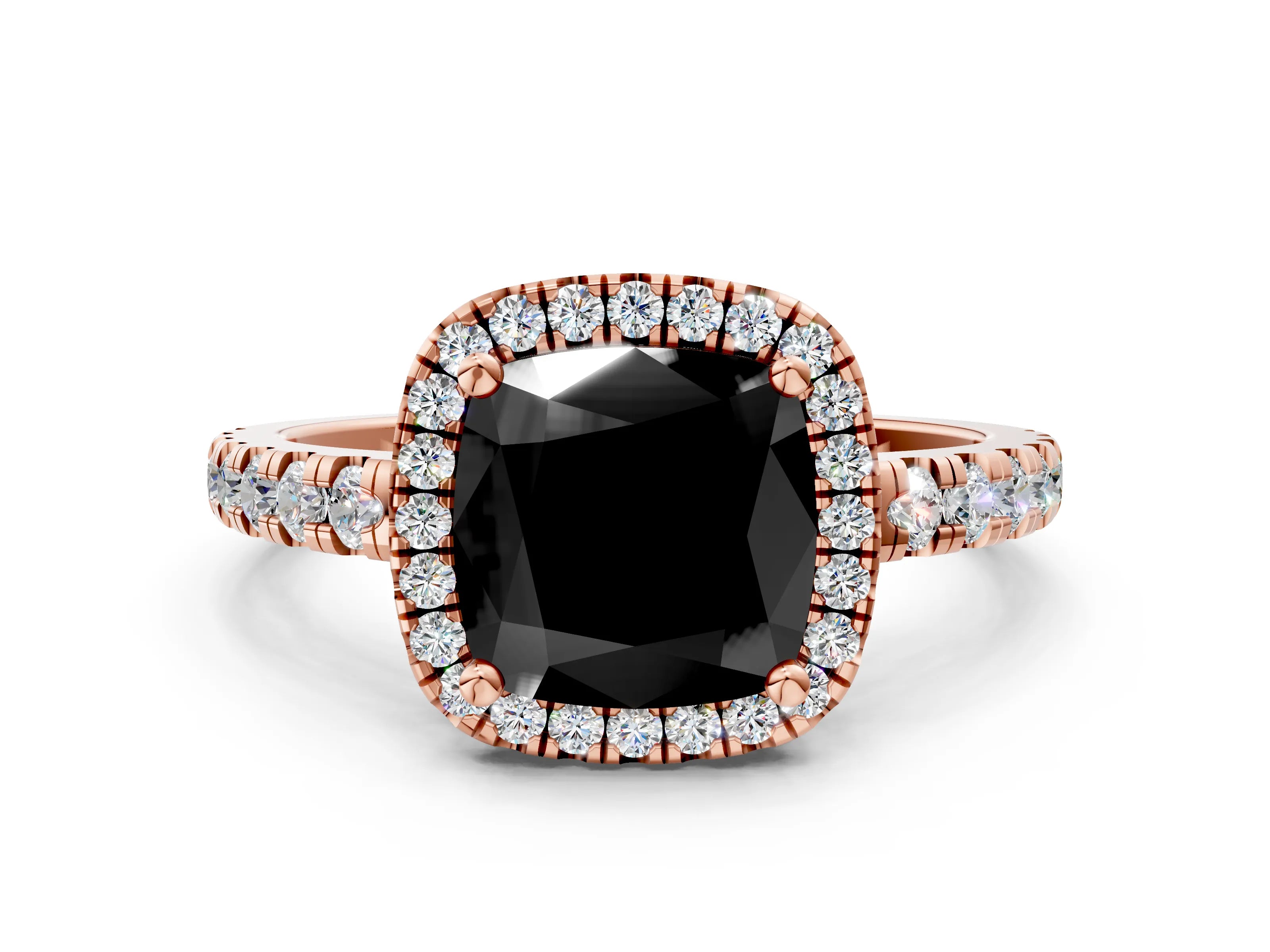 Rose gold Fancy Black Cushion Cut Diamond Halo Ring with Pavé Band and Four-Prong Setting