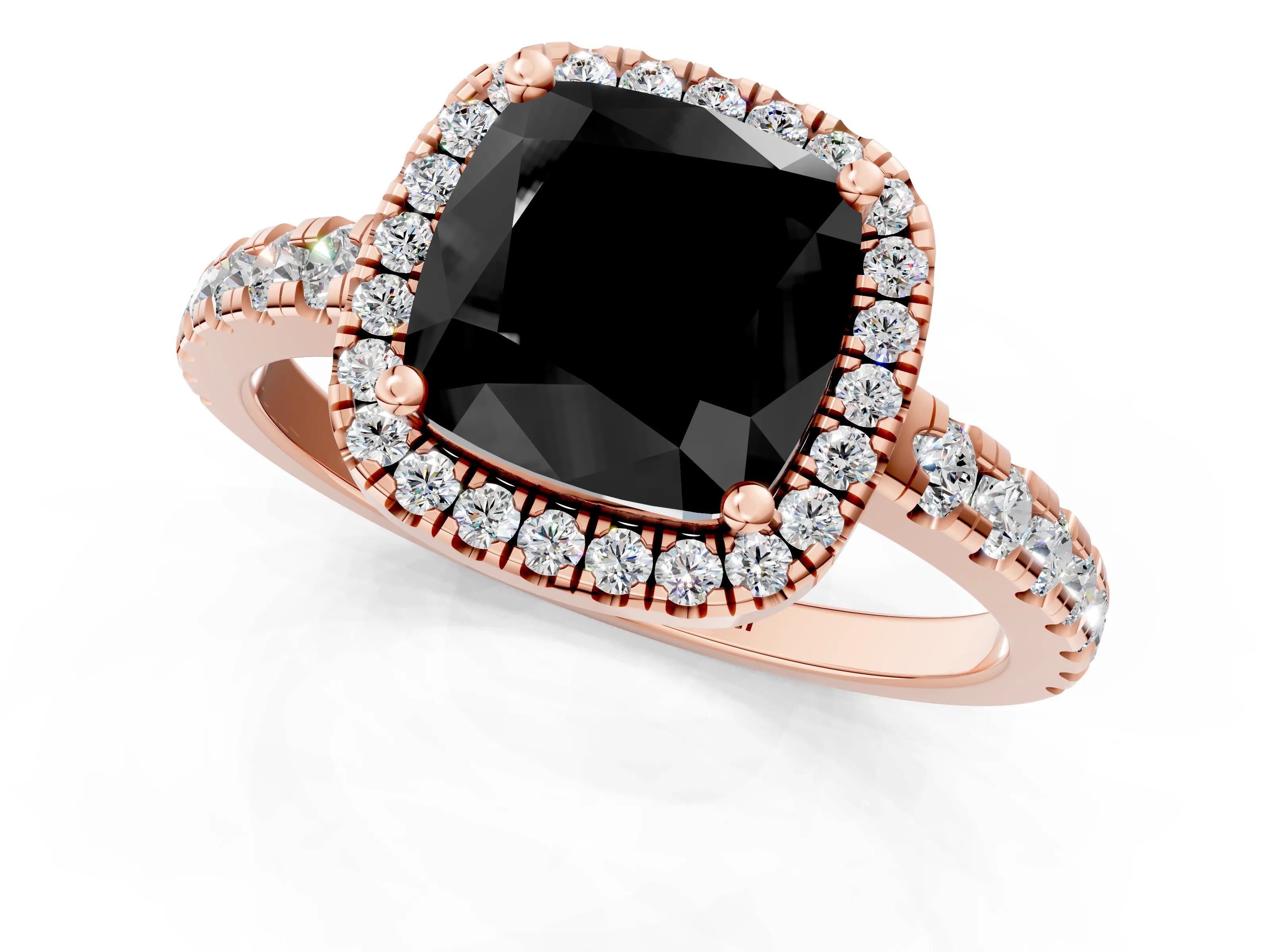 Rose gold Fancy Black Cushion Cut Diamond Halo Ring with Pavé Band and Four-Prong Setting_1