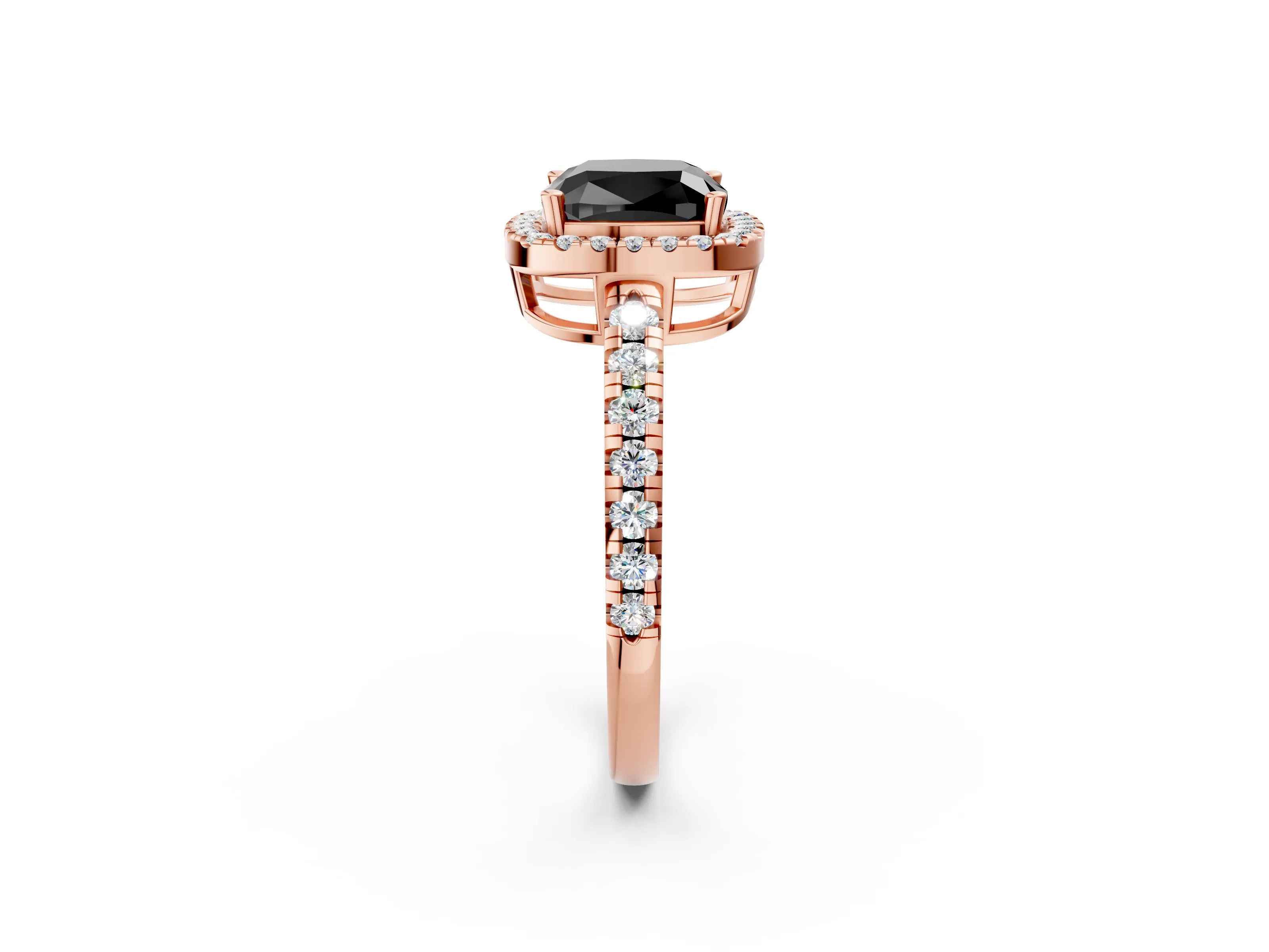 Rose gold Fancy Black Cushion Cut Diamond Halo Ring with Pavé Band and Four-Prong Setting_2