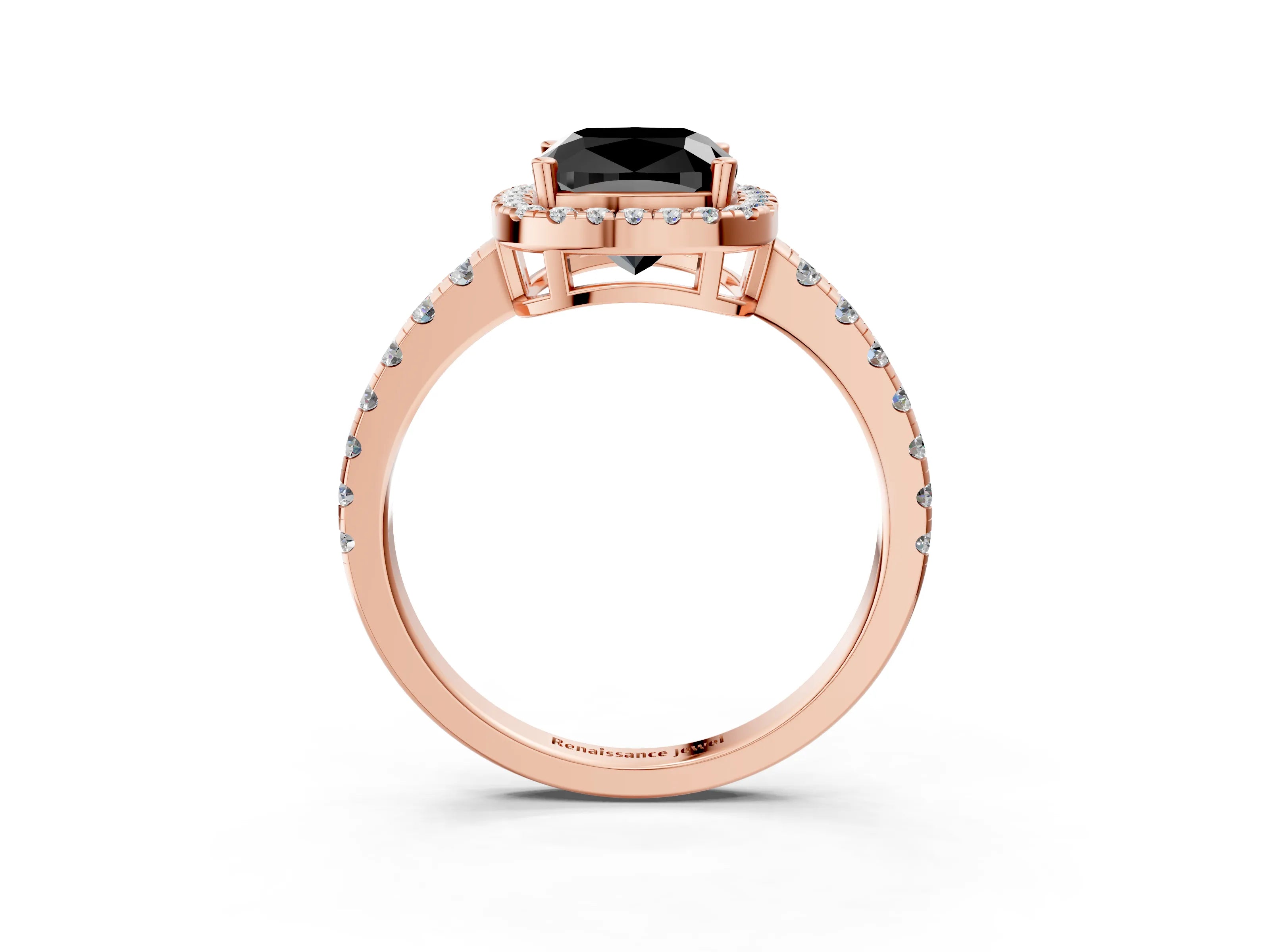 Rose gold Fancy Black Cushion Cut Diamond Halo Ring with Pavé Band and Four-Prong Setting_3
