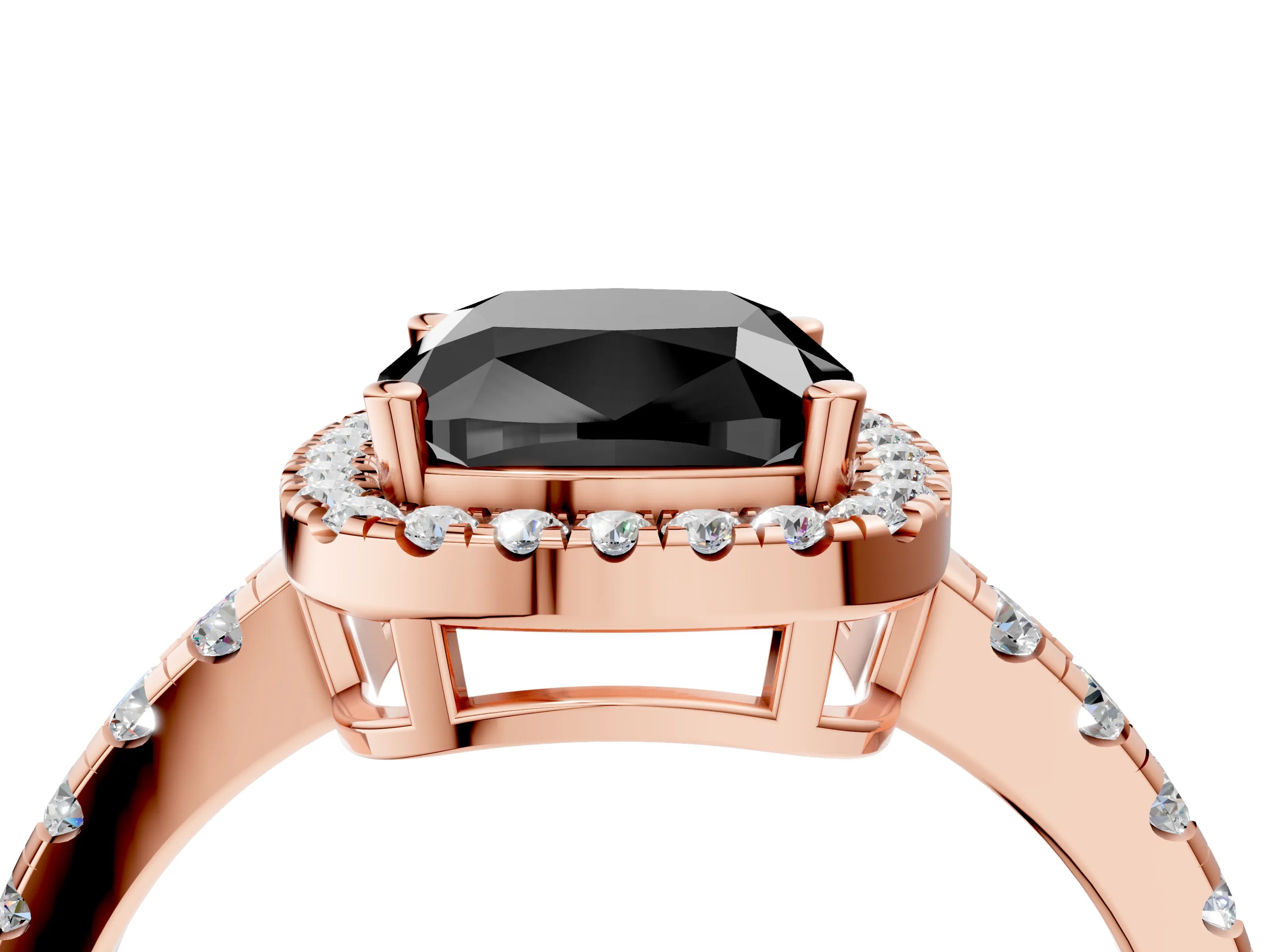 Rose gold Fancy Black Cushion Cut Diamond Halo Ring with Pavé Band and Four-Prong Setting_4