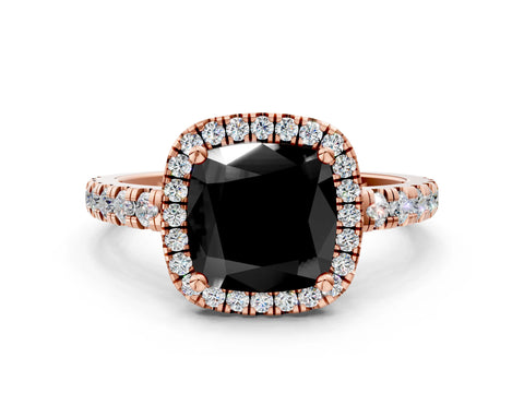Rose gold Fancy Black Cushion Cut Diamond Halo Ring with Pavé Band and Four-Prong Setting