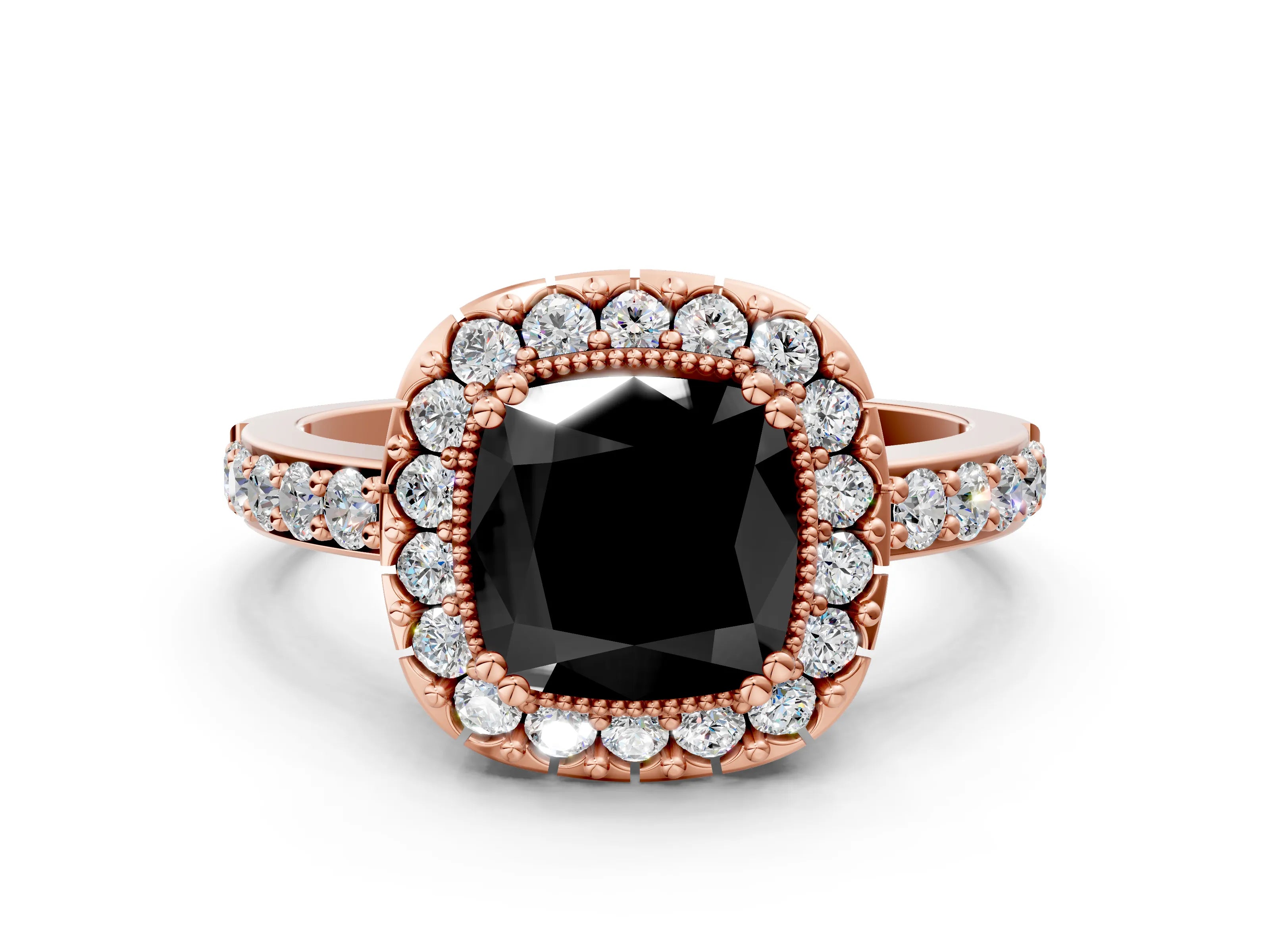Rose gold Fancy Black Cushion Cut Diamond Halo Ring with Pavé Band and Prong Setting