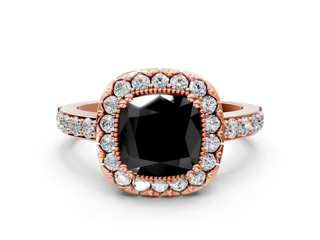 Rose gold Fancy Black Cushion Cut Diamond Halo Ring with Pavé Band and Prong Setting