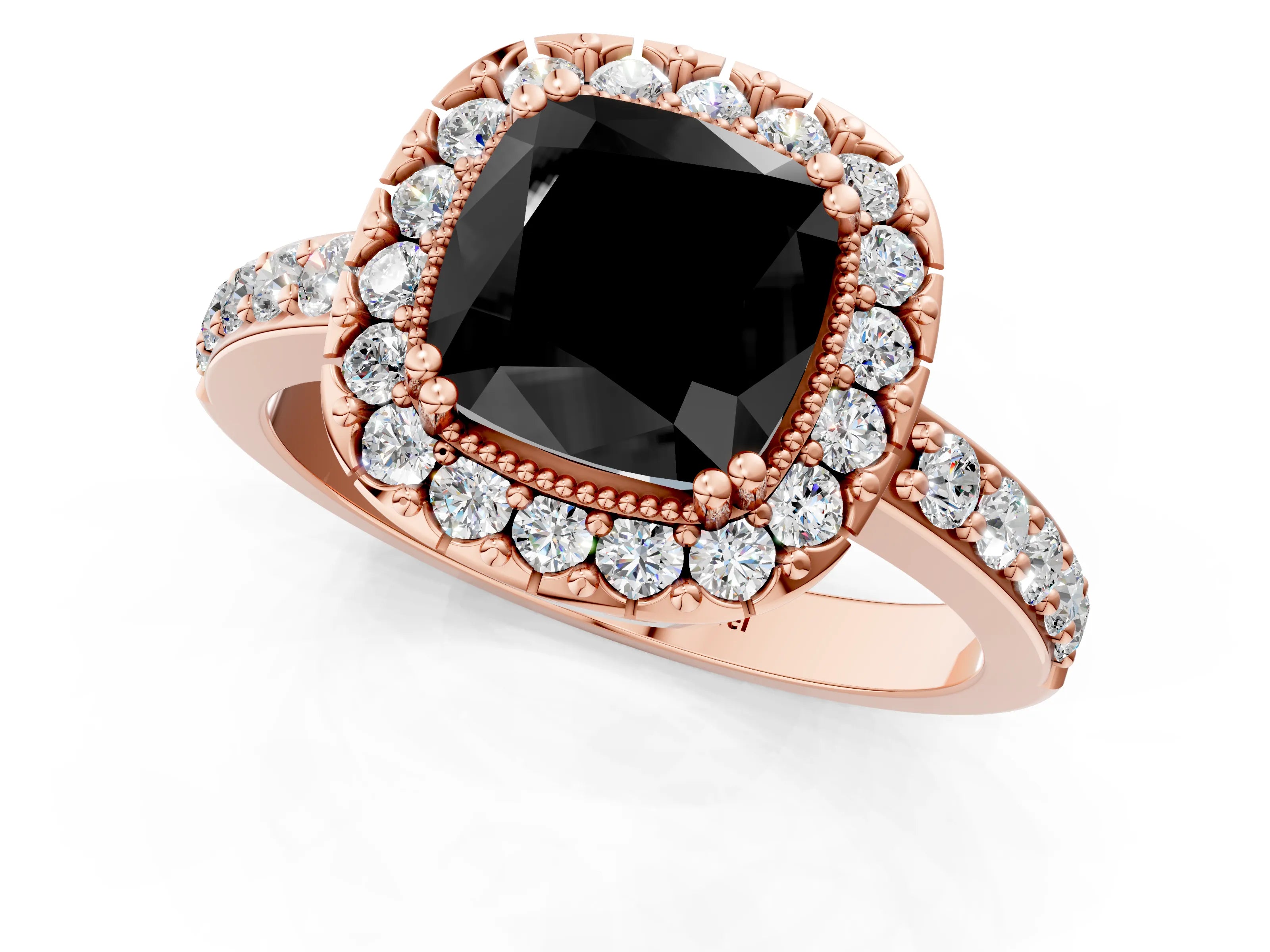 Rose gold Fancy Black Cushion Cut Diamond Halo Ring with Pavé Band and Prong Setting_1