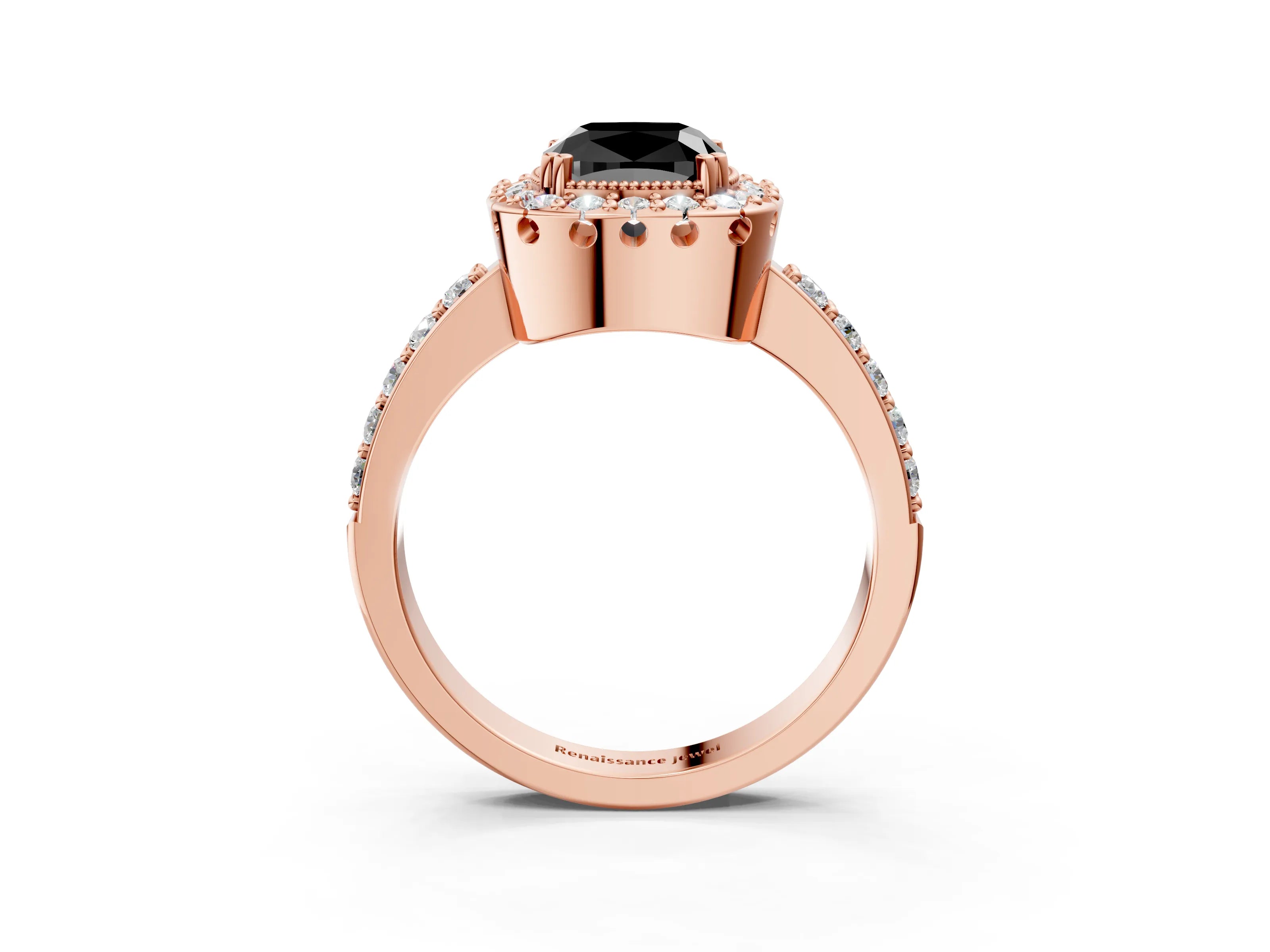Rose gold Fancy Black Cushion Cut Diamond Halo Ring with Pavé Band and Prong Setting_3