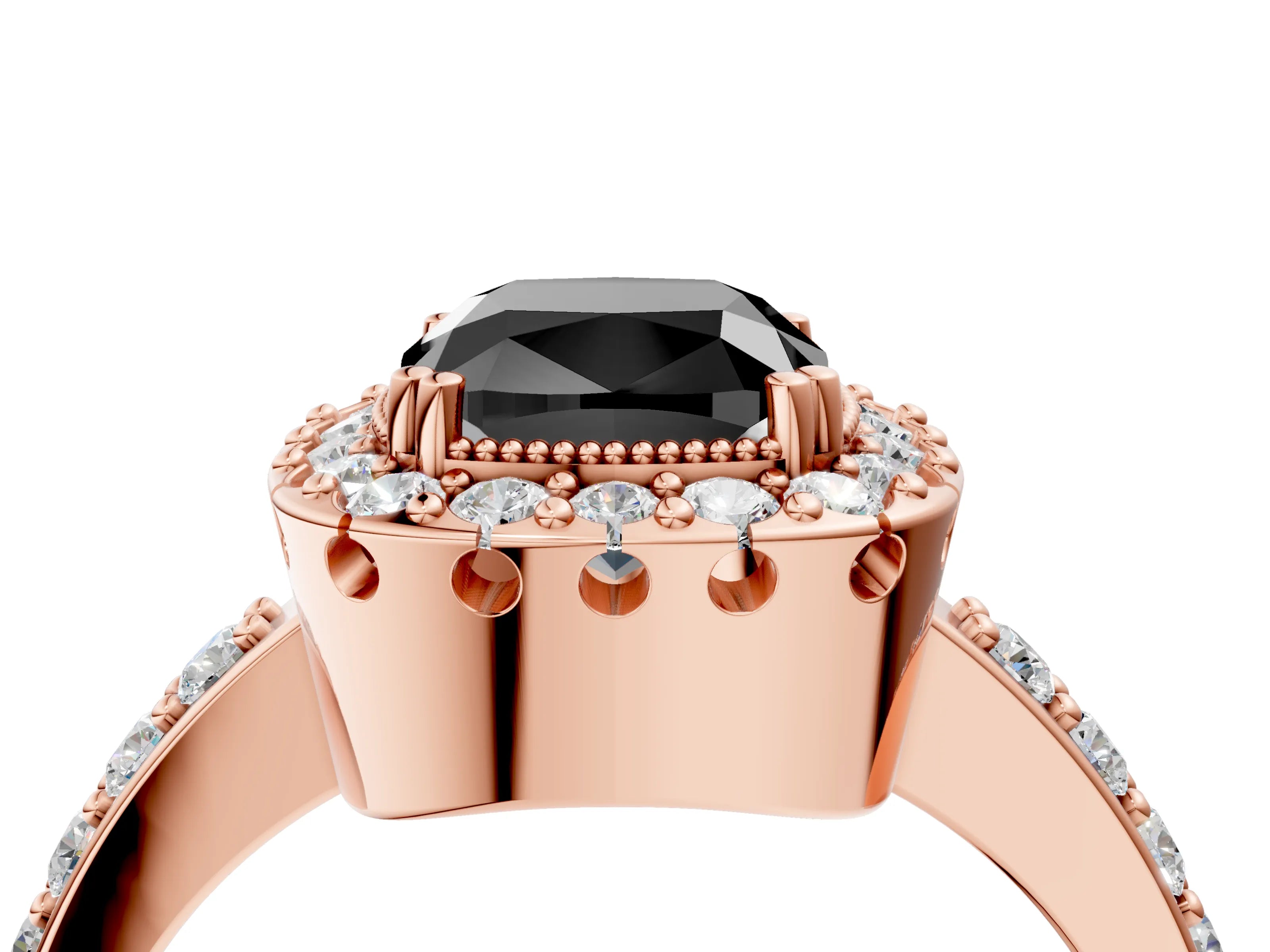 Rose gold Fancy Black Cushion Cut Diamond Halo Ring with Pavé Band and Prong Setting_4
