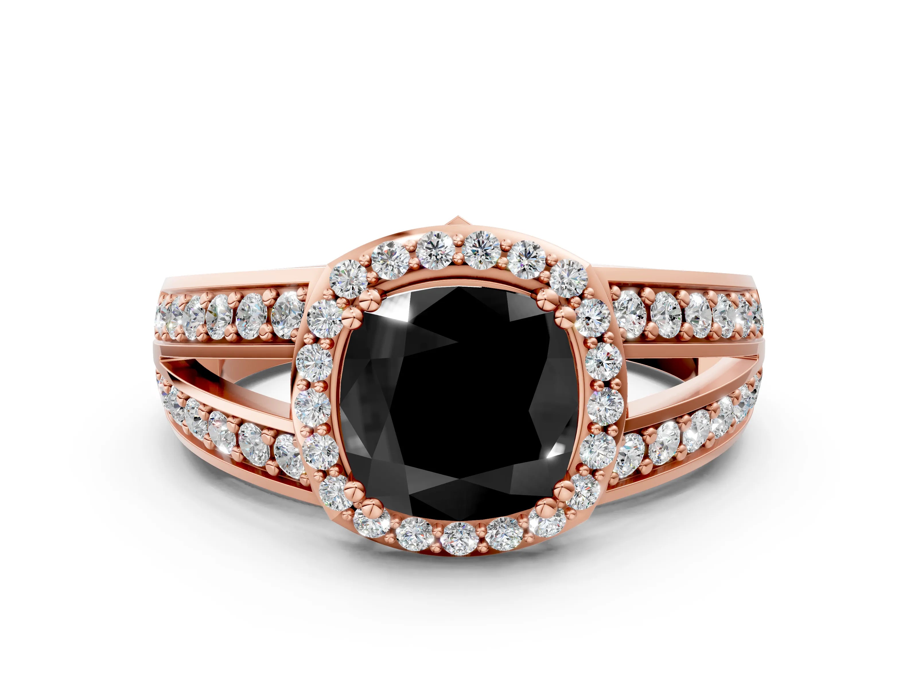 Rose gold Fancy Black Cushion Cut Diamond Halo Ring with Split Shank Pavé Band and Four-Prong Setting
