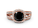 Rose gold Fancy Black Cushion Cut Diamond Halo Ring with Split Shank Pavé Band and Four-Prong Setting