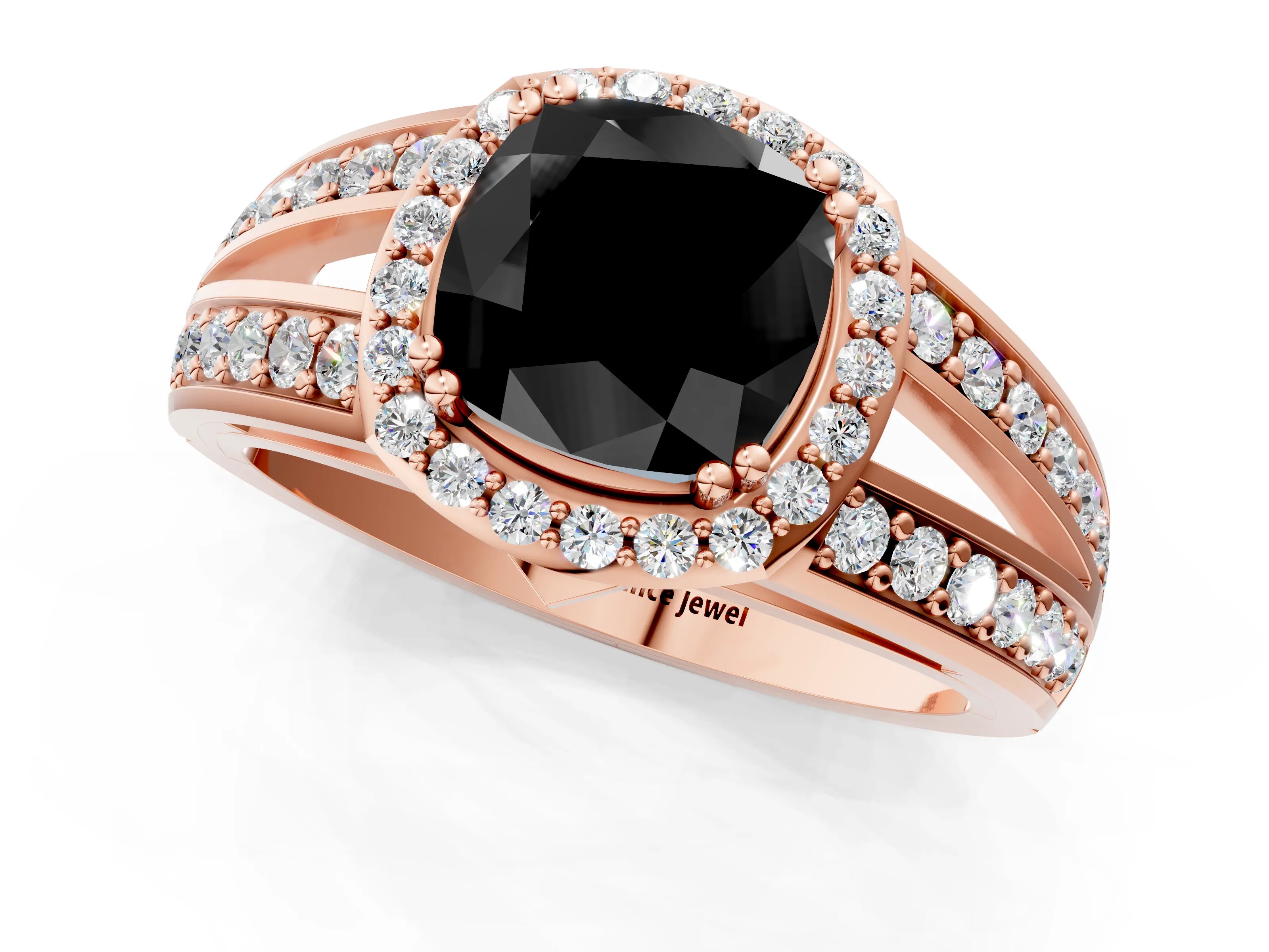 Rose gold Fancy Black Cushion Cut Diamond Halo Ring with Split Shank Pavé Band and Four-Prong Setting_1