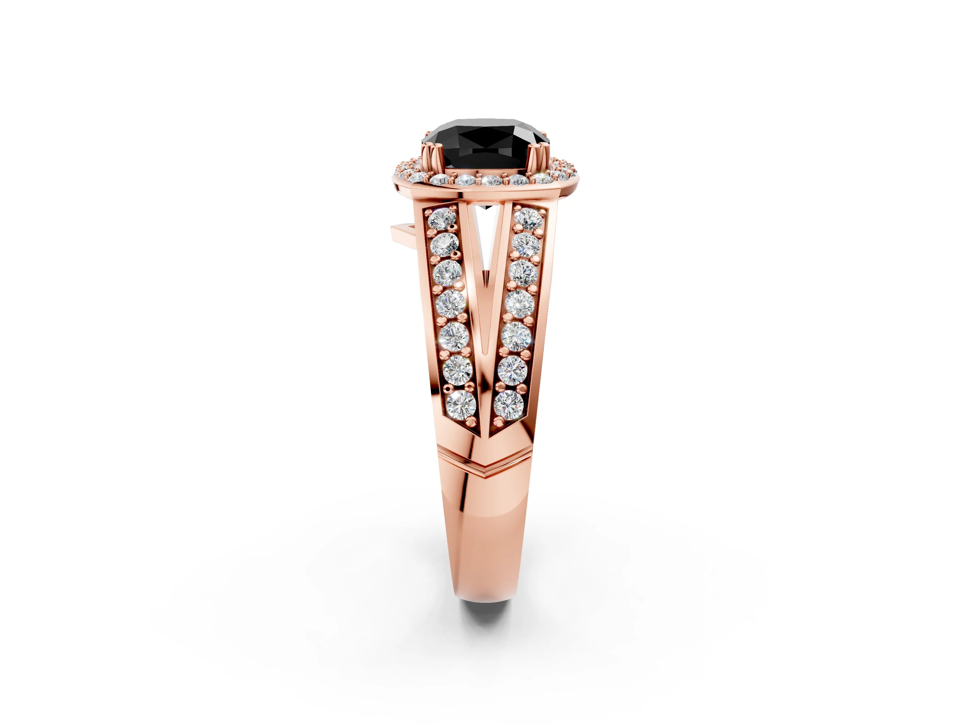 Rose gold Fancy Black Cushion Cut Diamond Halo Ring with Split Shank Pavé Band and Four-Prong Setting_2