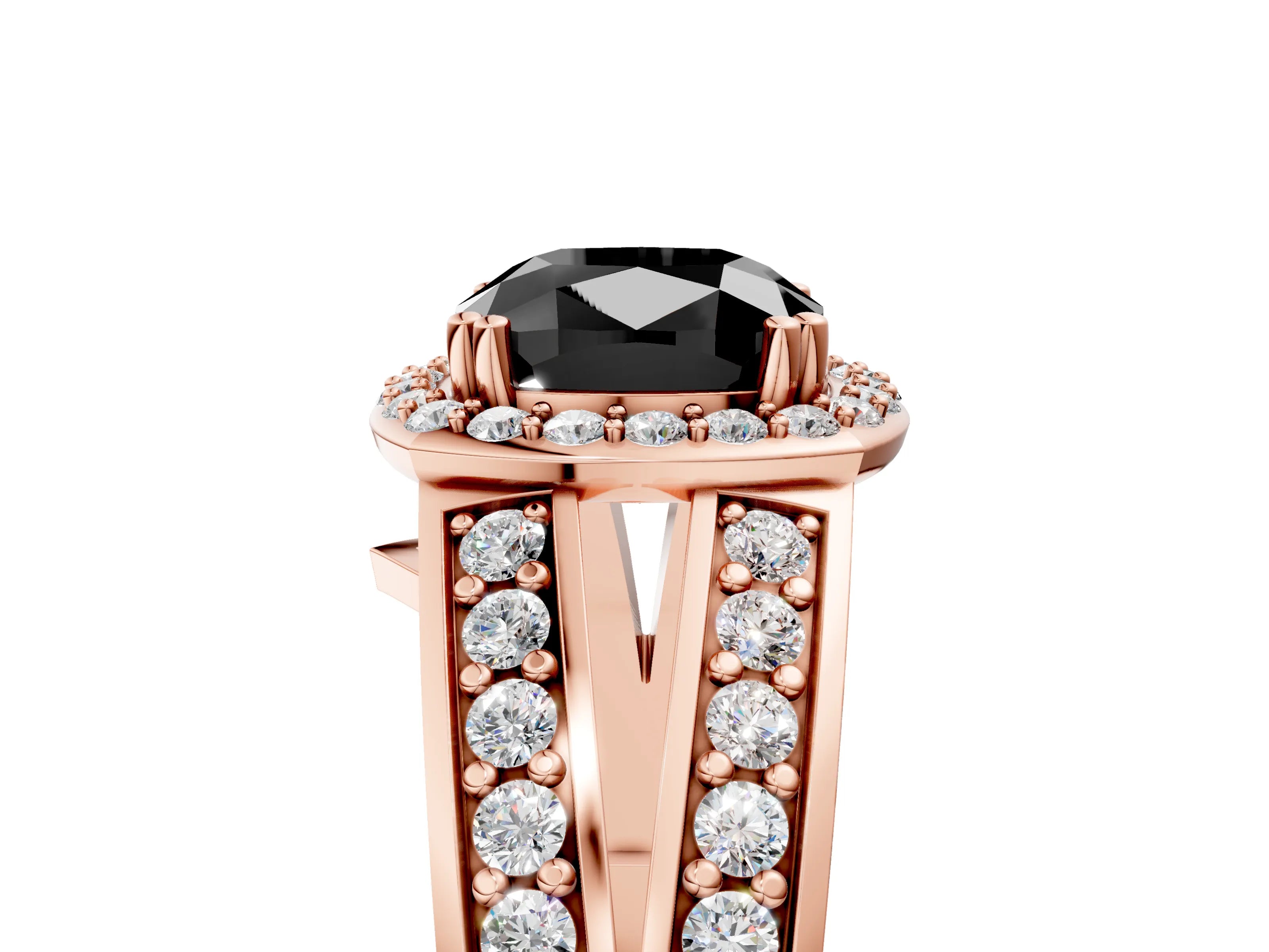 Rose gold Fancy Black Cushion Cut Diamond Halo Ring with Split Shank Pavé Band and Four-Prong Setting_5