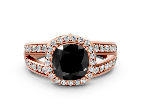 Rose gold Fancy Black Cushion Cut Diamond Halo Ring with Split Shank Pavé Band and Four-Prong Setting