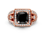 Rose gold Fancy Black Cushion Cut Diamond Halo Ring with Split Shank and Bezel Accents and Four-Prong Setting