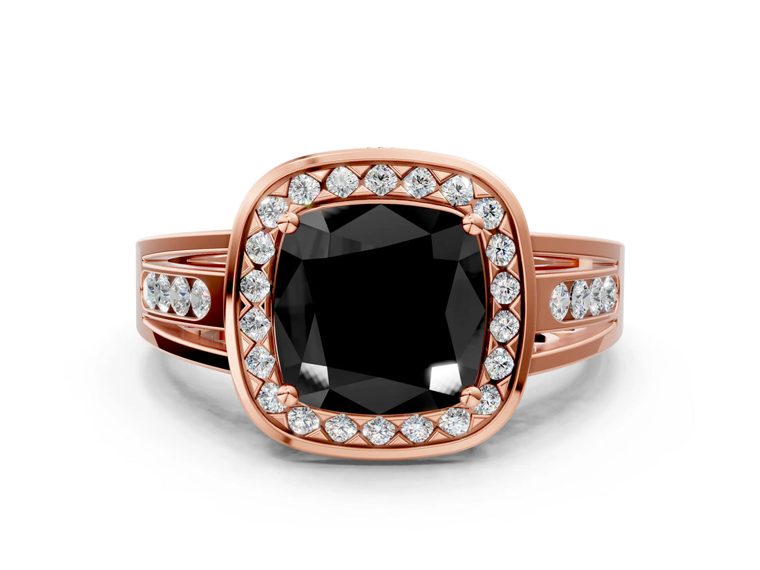 Rose gold Fancy Black Cushion Cut Diamond Halo Ring with Split Shank and Bezel Accents and Prong Setting
