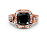 Rose gold Fancy Black Cushion Cut Diamond Halo Ring with Split Shank and Bezel Accents and Prong Setting